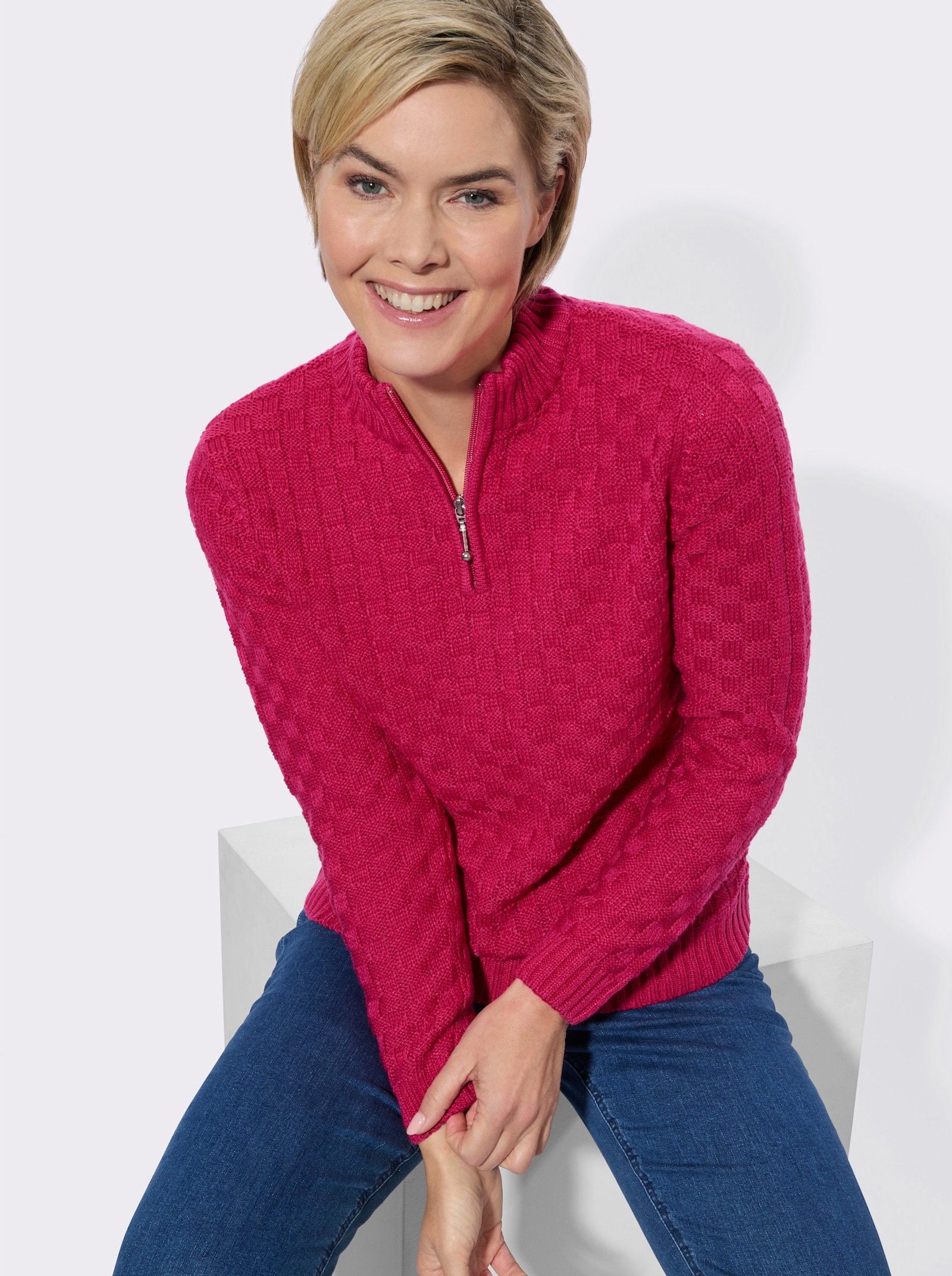 Strickpullover mit Stehkragen - pink