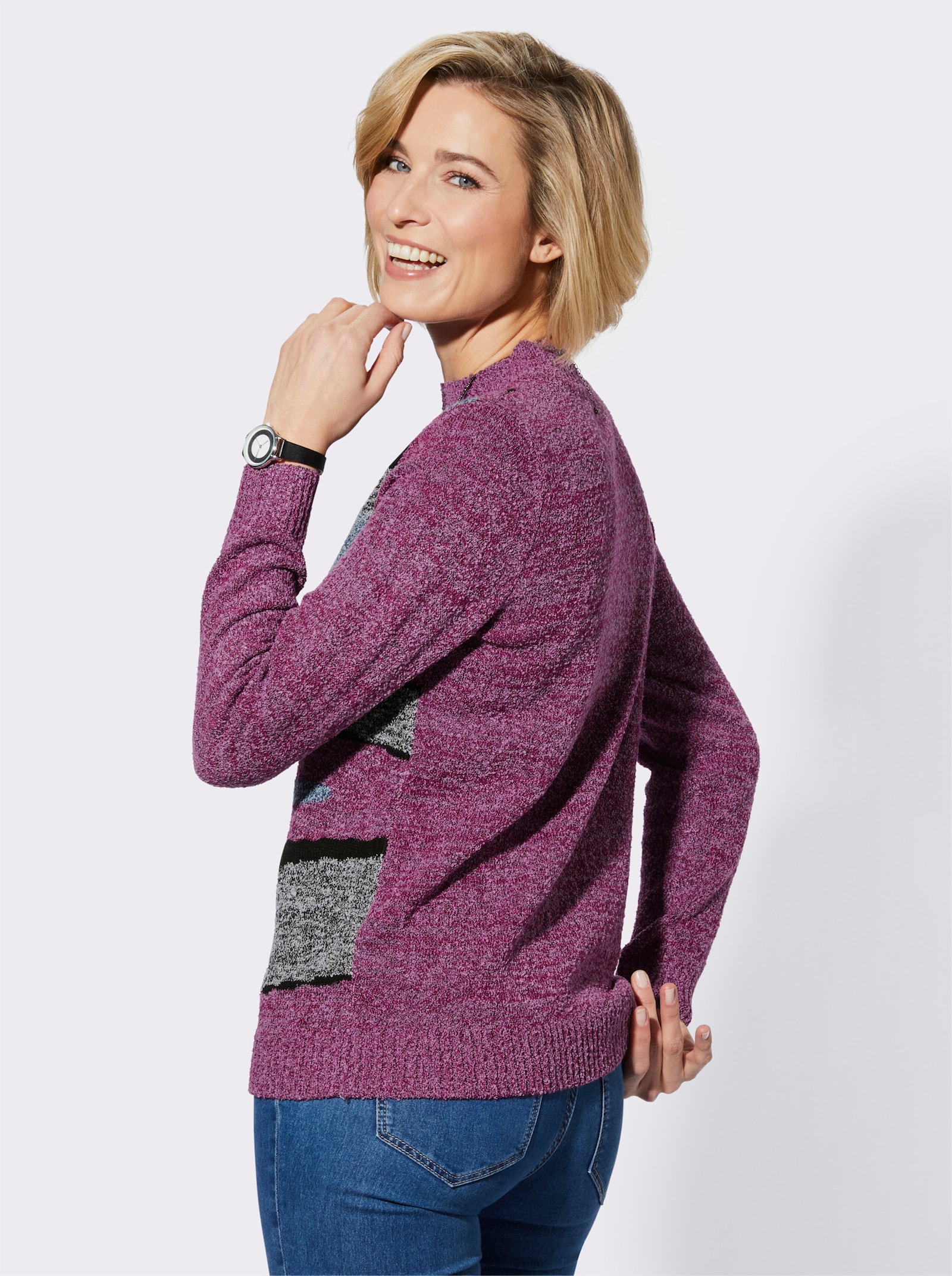 Stehkragenpullover mit Intarsien-Strickmuster - malve-meliert