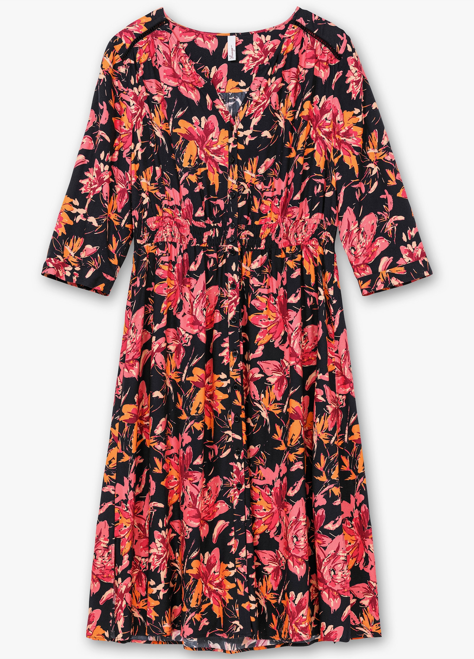 sheego Druckkleid mit gesmokter Taille, Midi-Länge - schwarz-gemustert