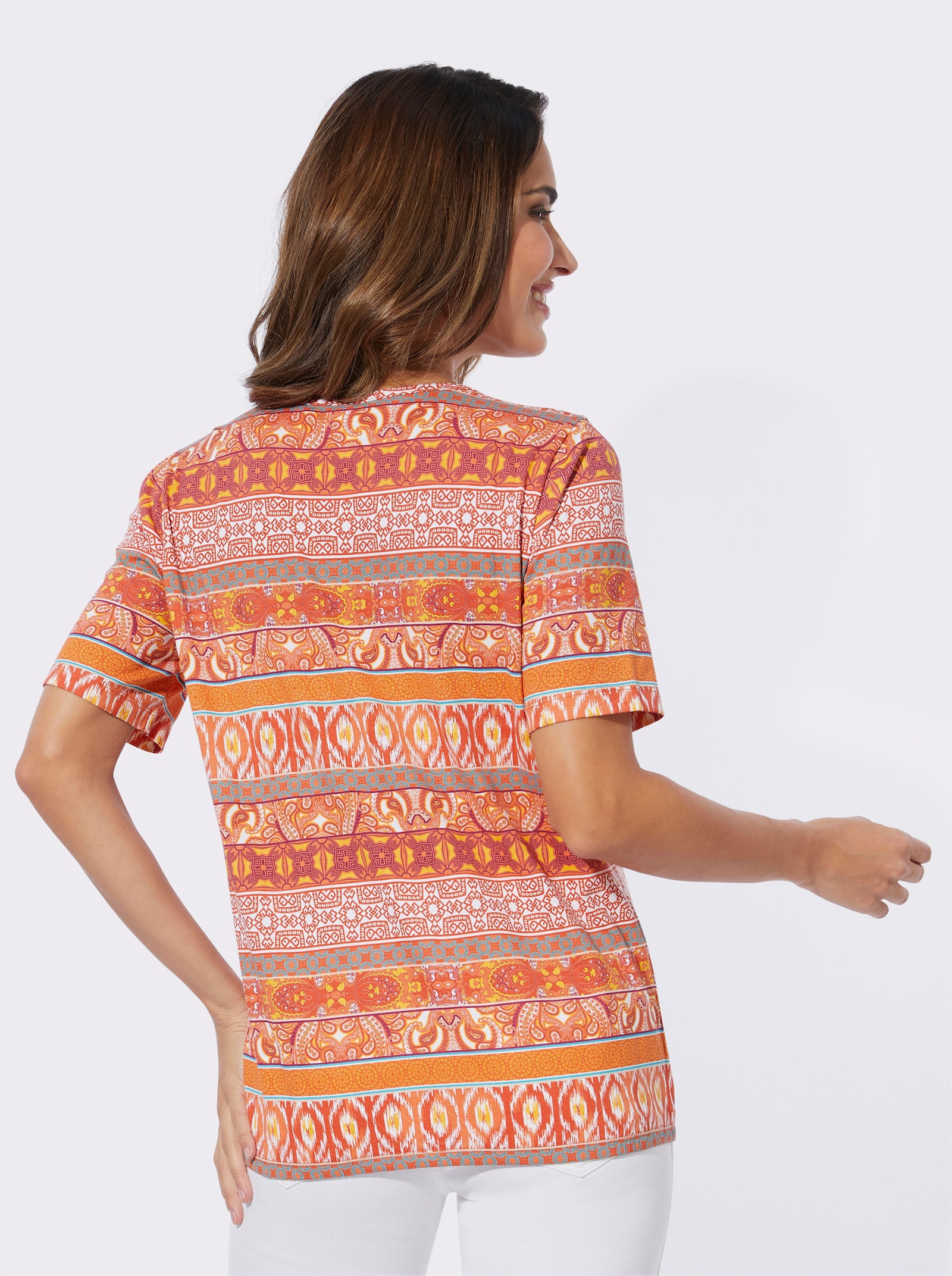 Kurzarmshirt aus reiner Baumwolle - papaya-terra-bedruckt