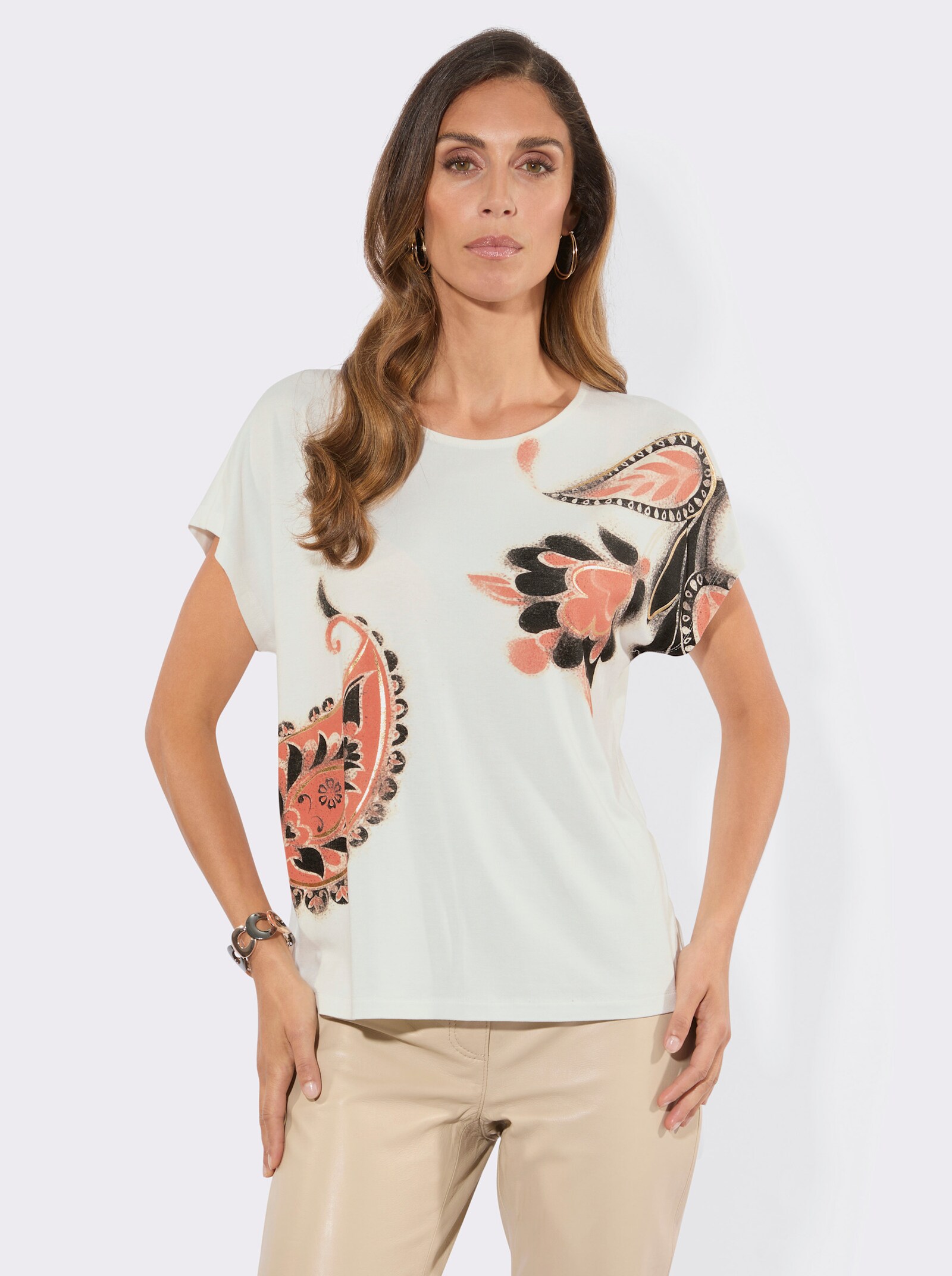 Kurzarmshirt mit überschnittenen Schultern - ecru-papaya-bedruckt