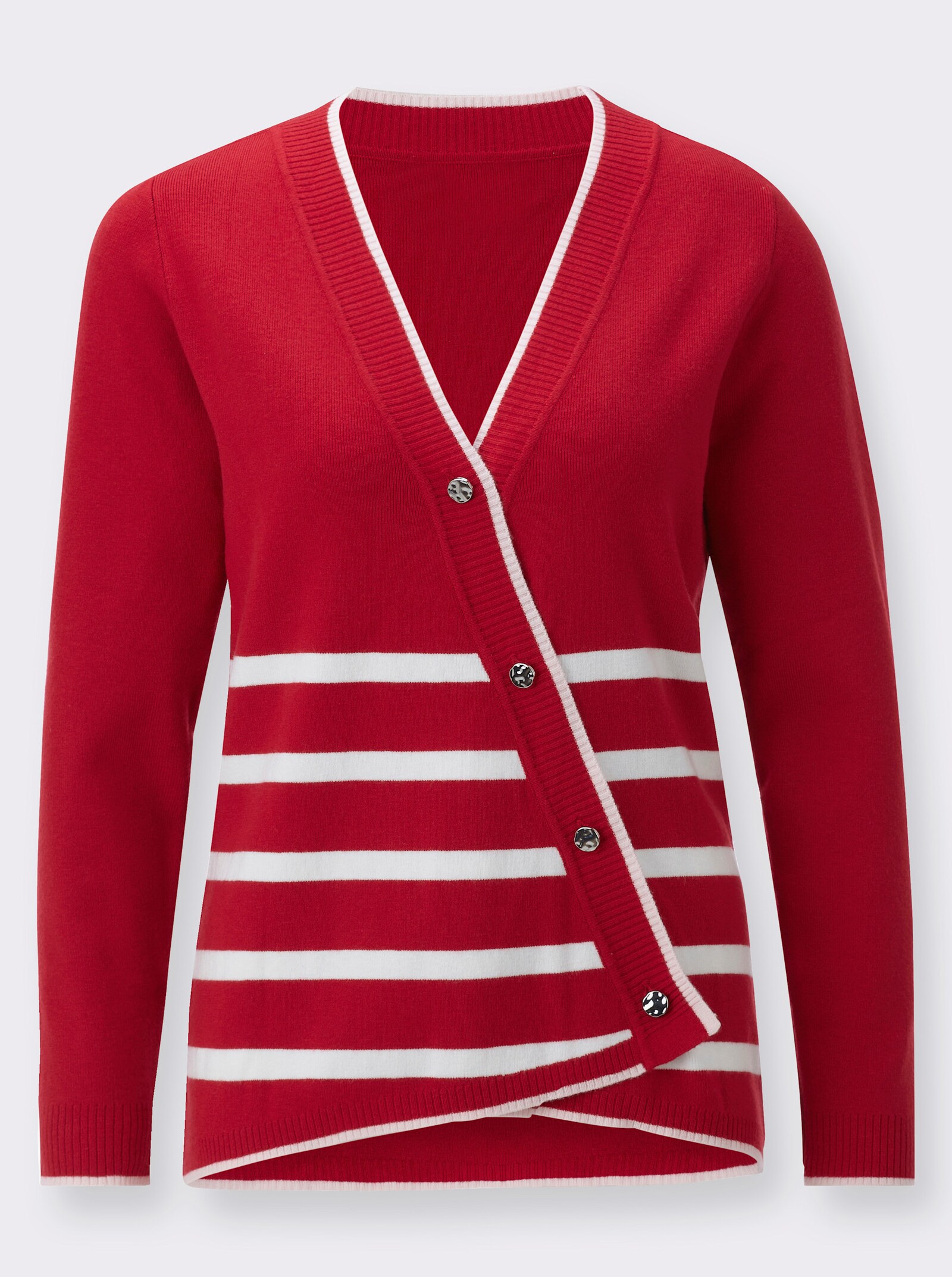 Feinstrickjacke mit asymmetrischer Knopfleiste - rot-weiß-geringelt