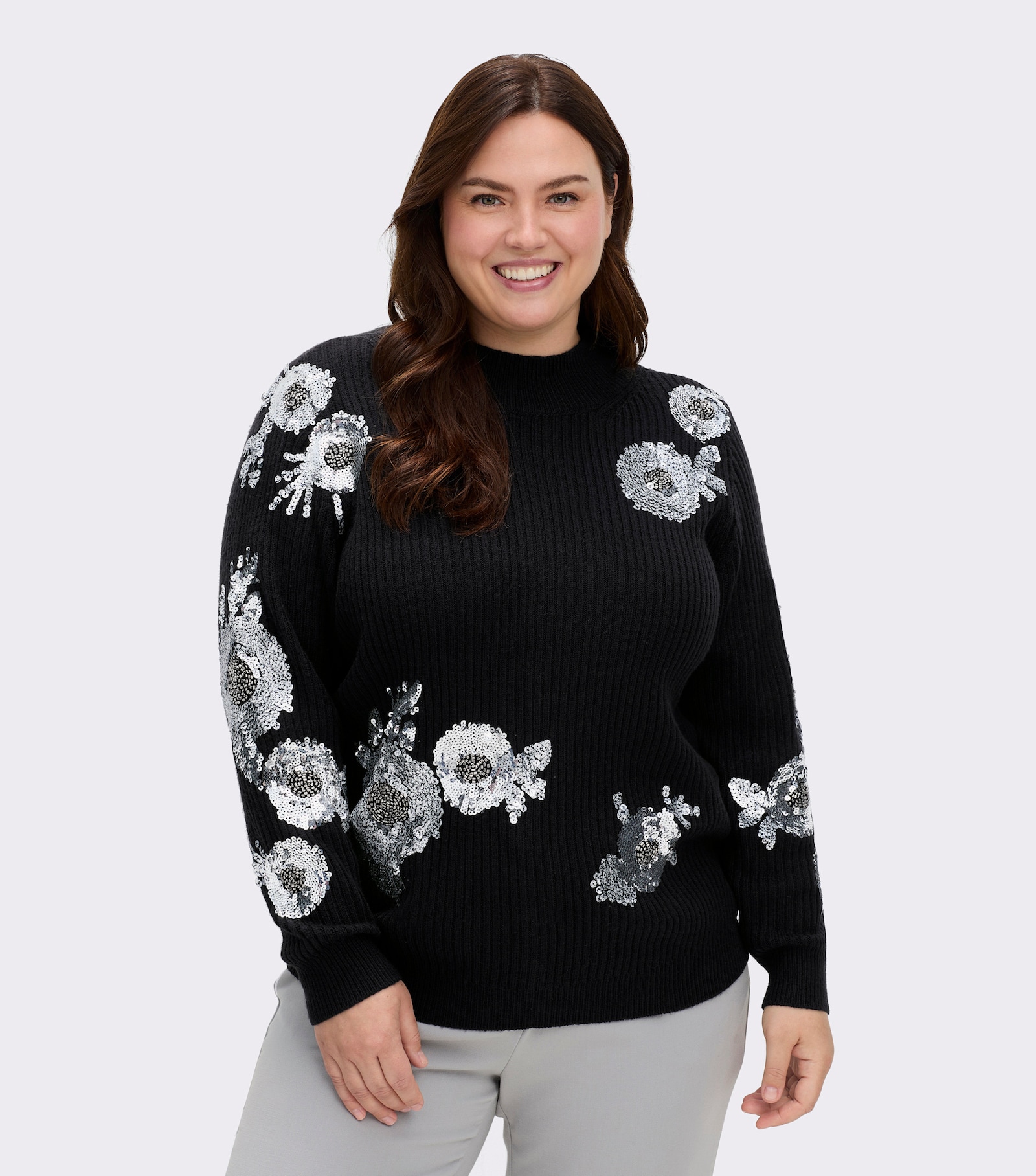 sheego by Joe Browns Pullover mit Stehkragen und Paillettenstickerei - schwarz-silberfarben-gemustert