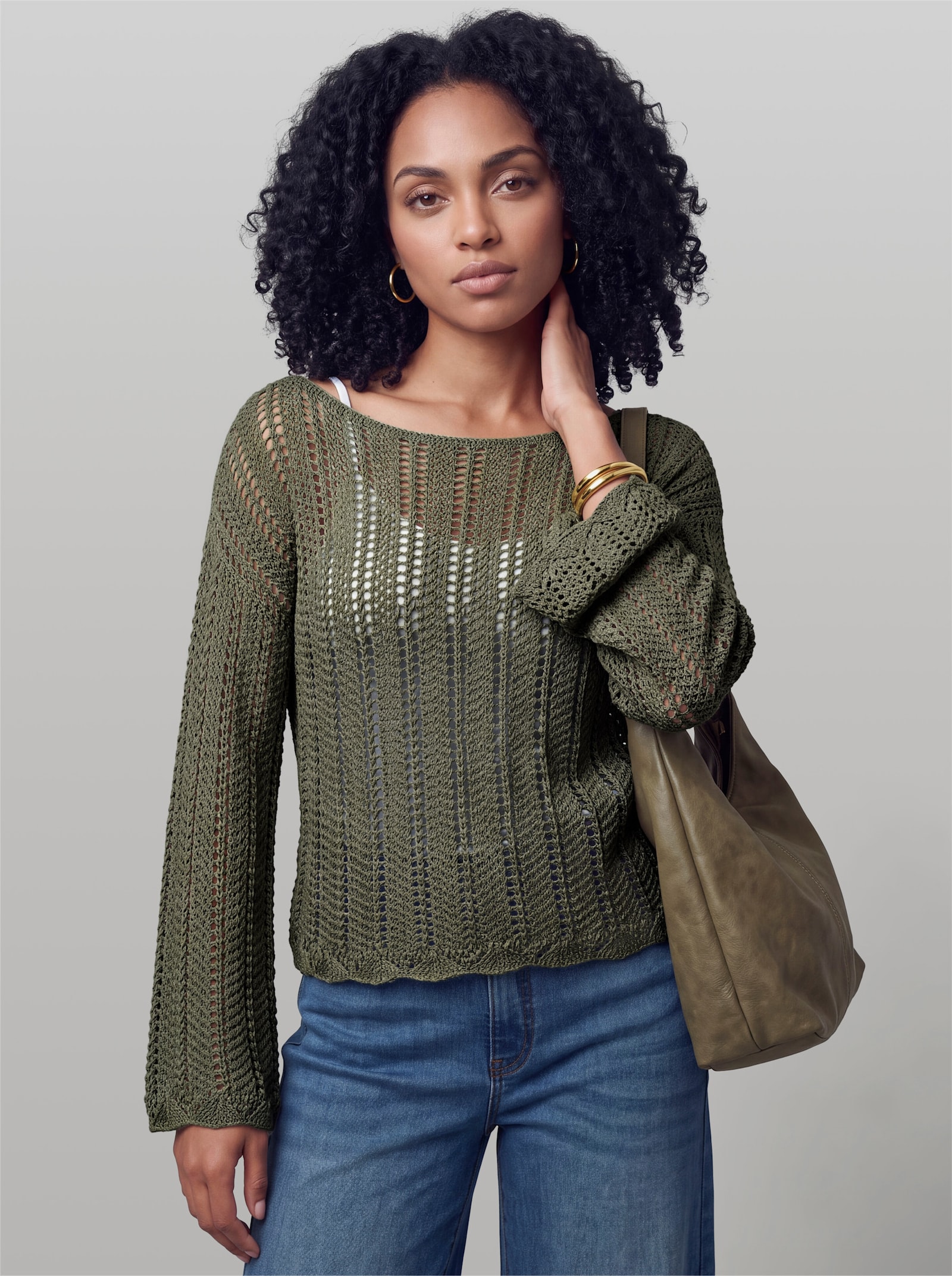 heine Pullover mit U-Boot-Ausschnitt - khaki