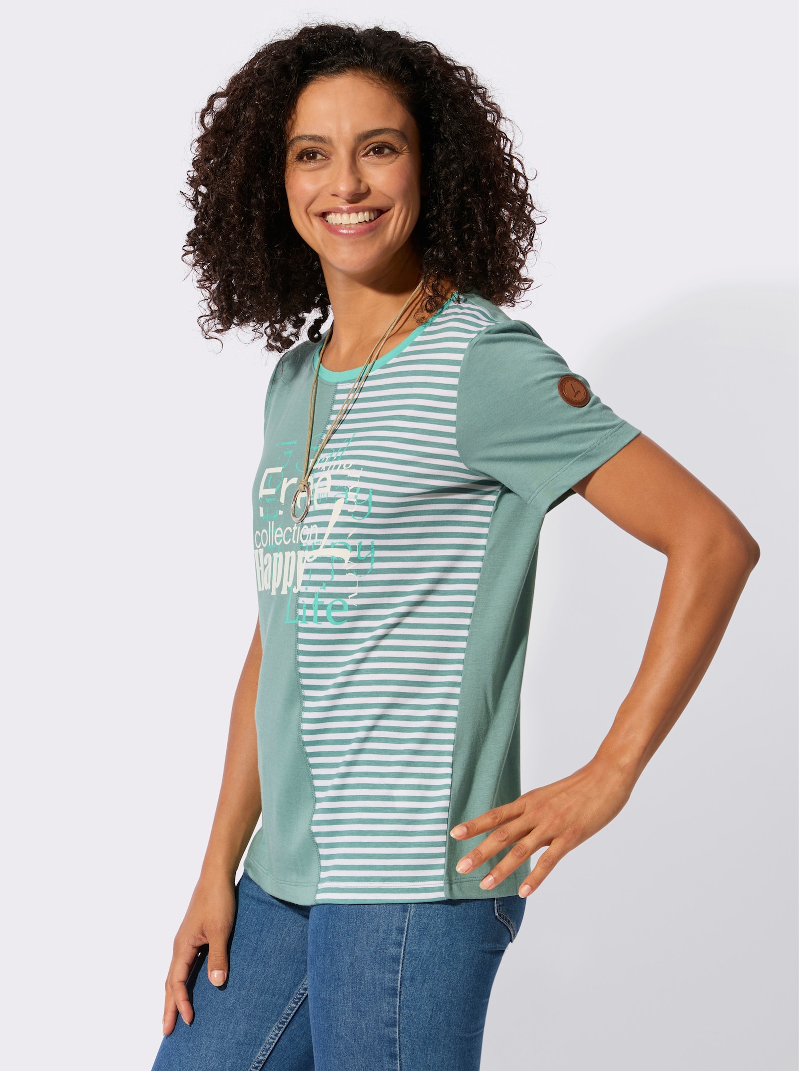 Rundhalsshirt mit Schriftzug und Streifen-Print - jade-blaugrün-bedruckt