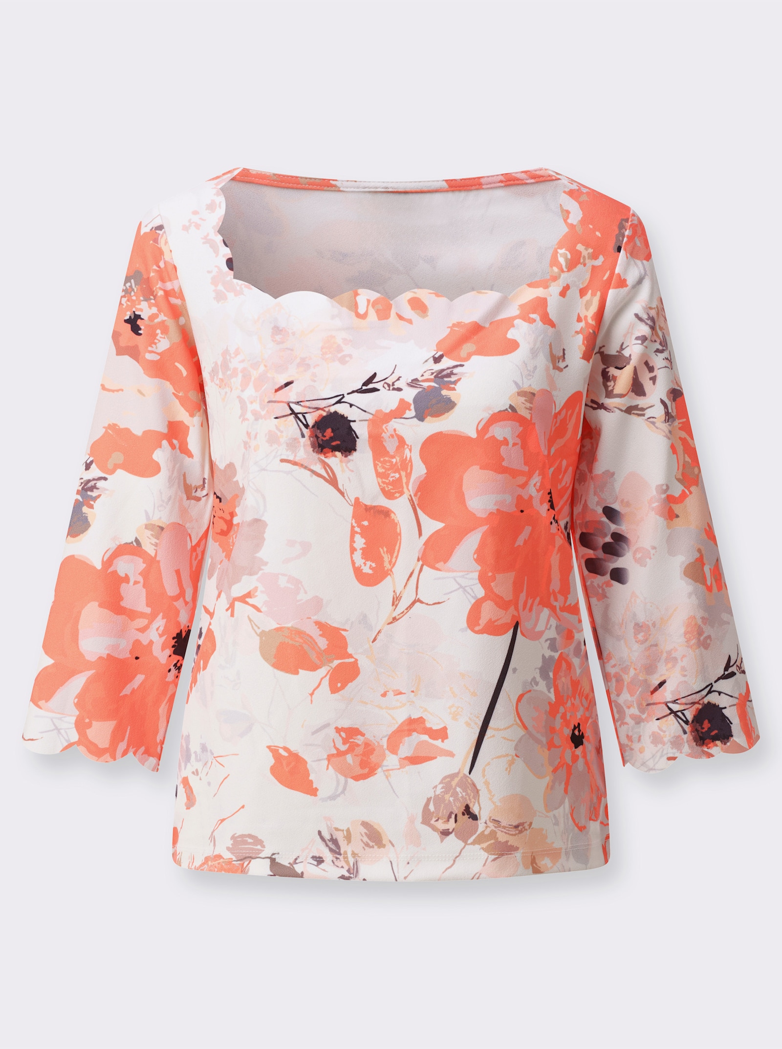 Kurzarmshirt mit floralem Druckmuster - ecru-apricot-bedruckt