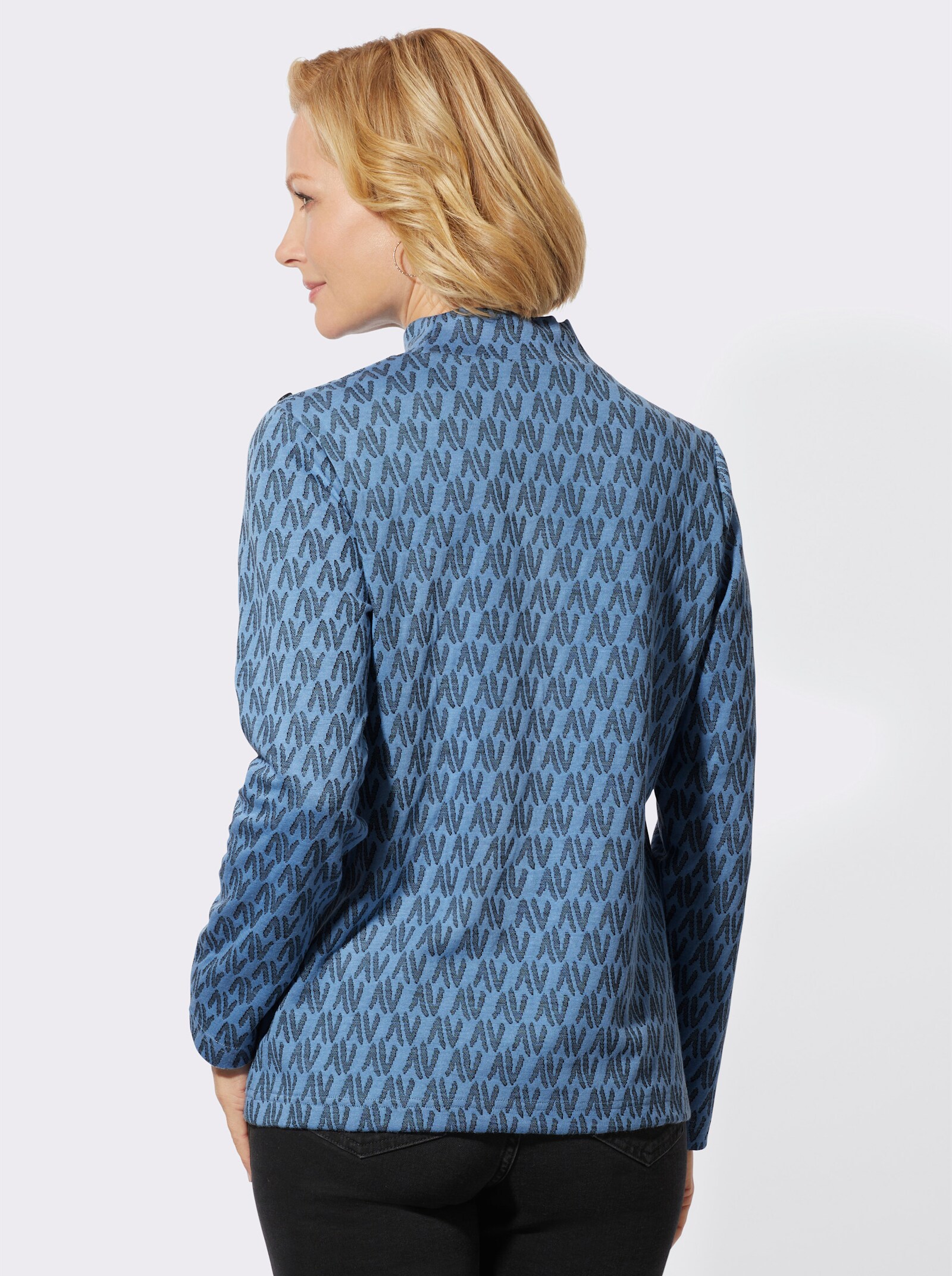Stehkragenshirt mit Zierknöpfen auf der Schulter - mittelblau-schwarz-gemustert
