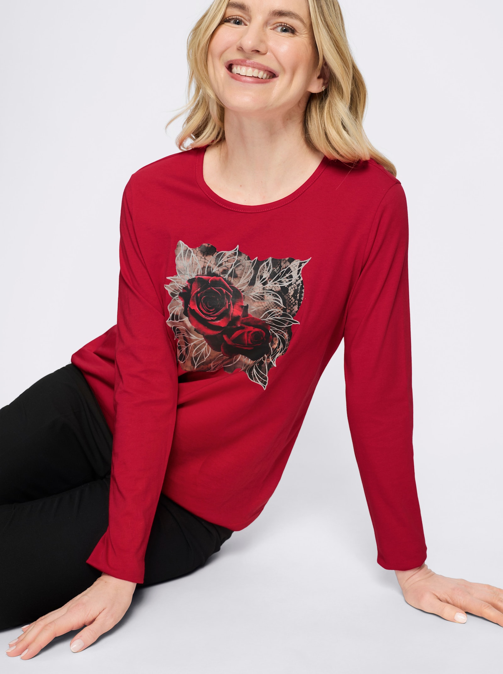 Langarmshirt mit platziertem Rosen-Leo-Print - rot