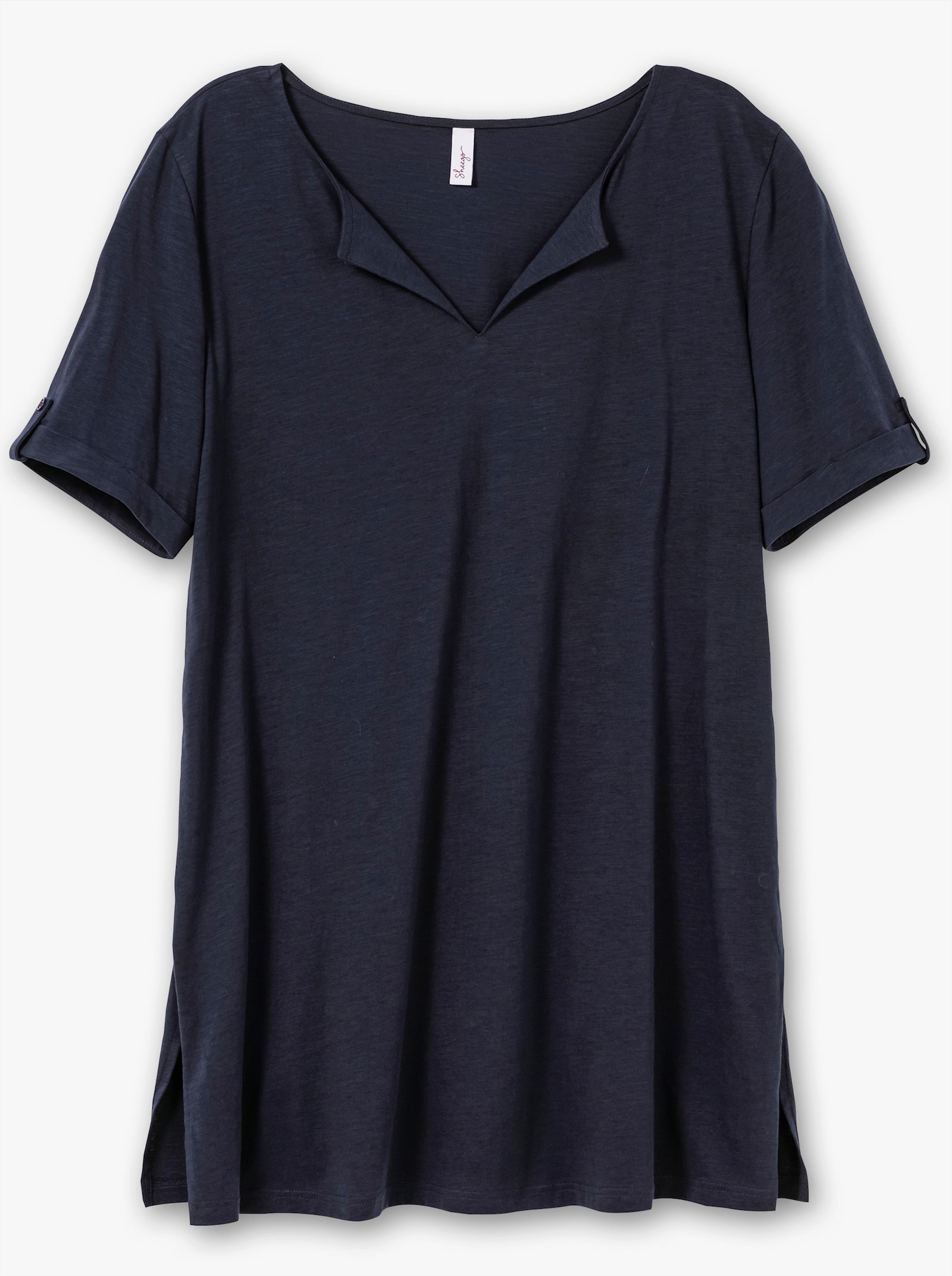 sheego Lang shirt met hals met split - nachtblauw
