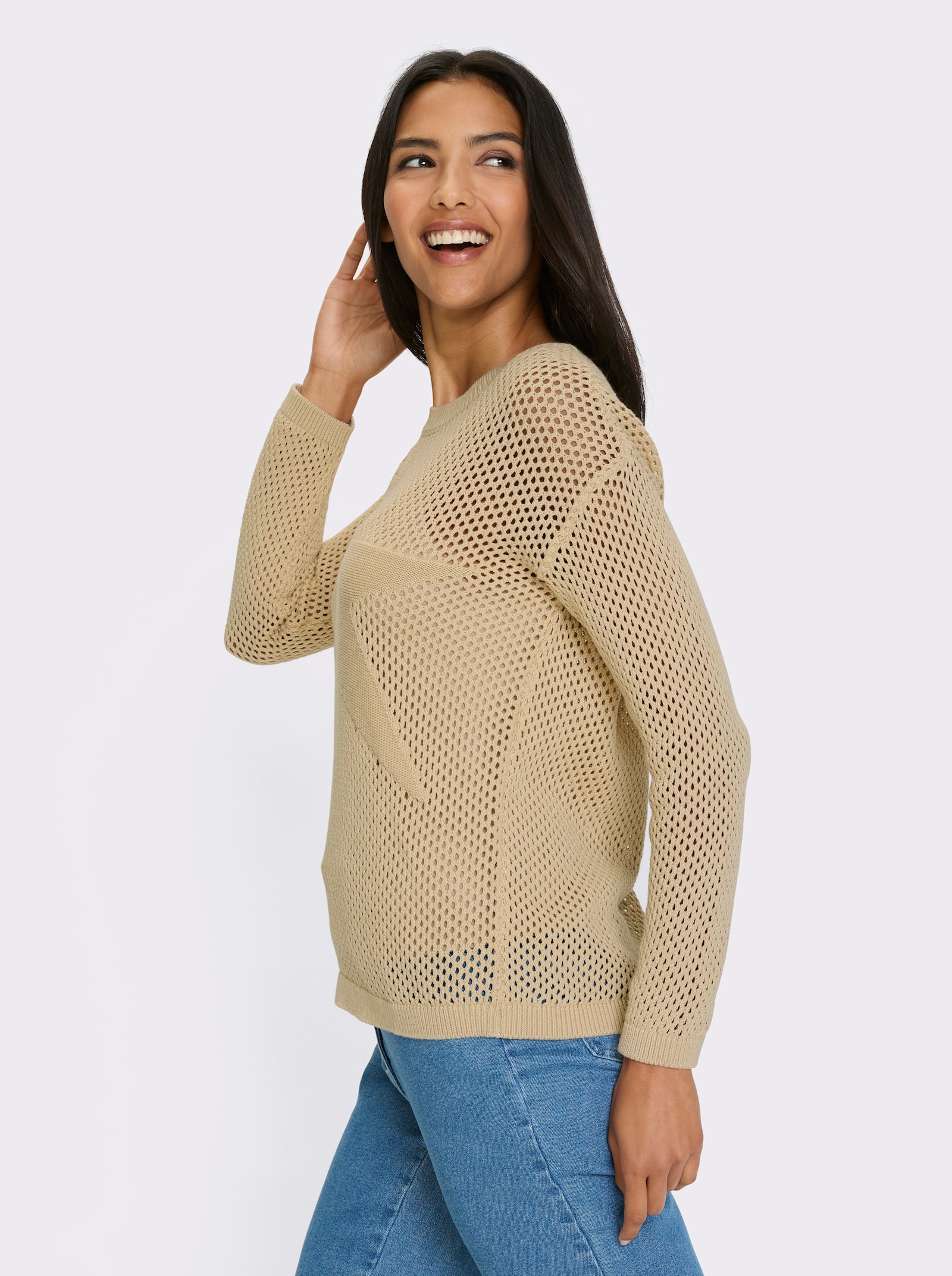 Ajourpullover mit eingestricktem Stern vorne - sand