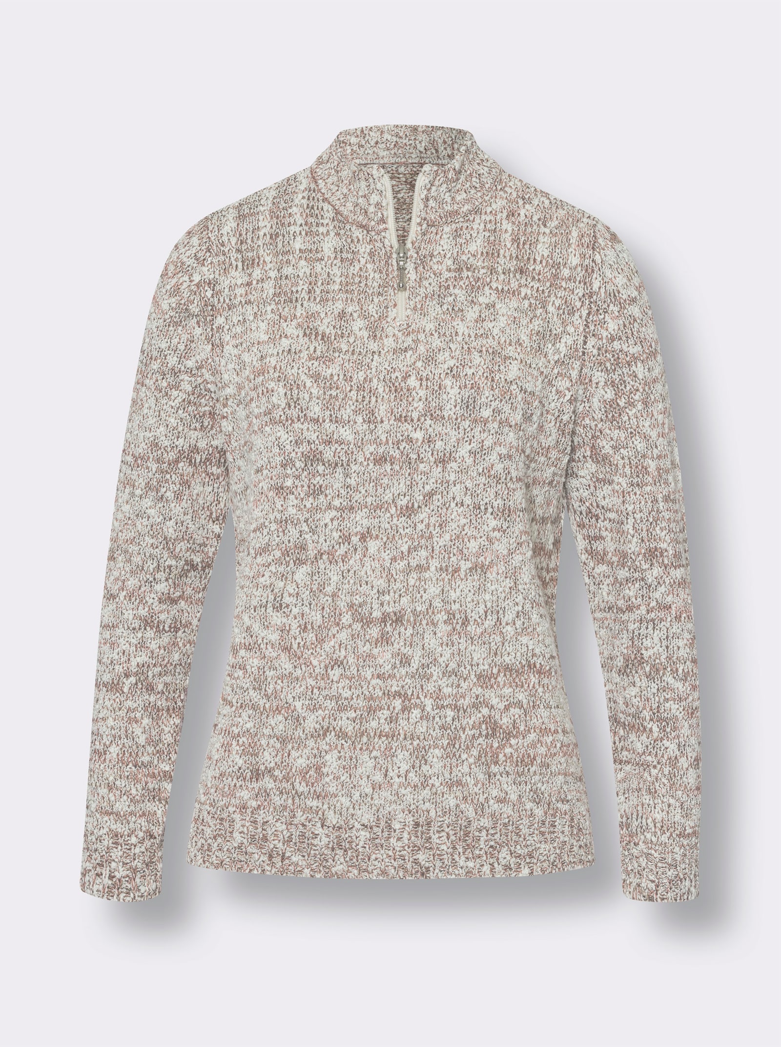 Pullover met lange mouwen en kleine ritssluiting. - rozenhout/antraciet gemêleerd