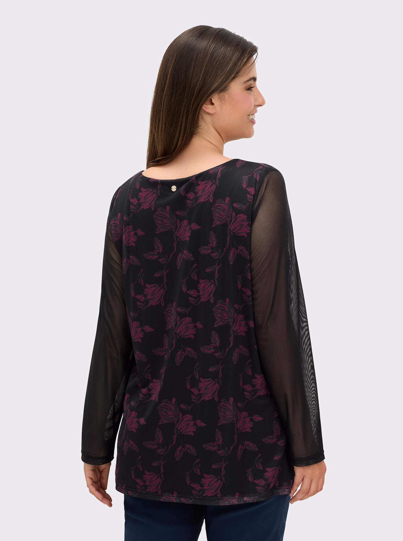 sheego Shirt met lange mouwen, boothals en meshdetails - zwart geprint