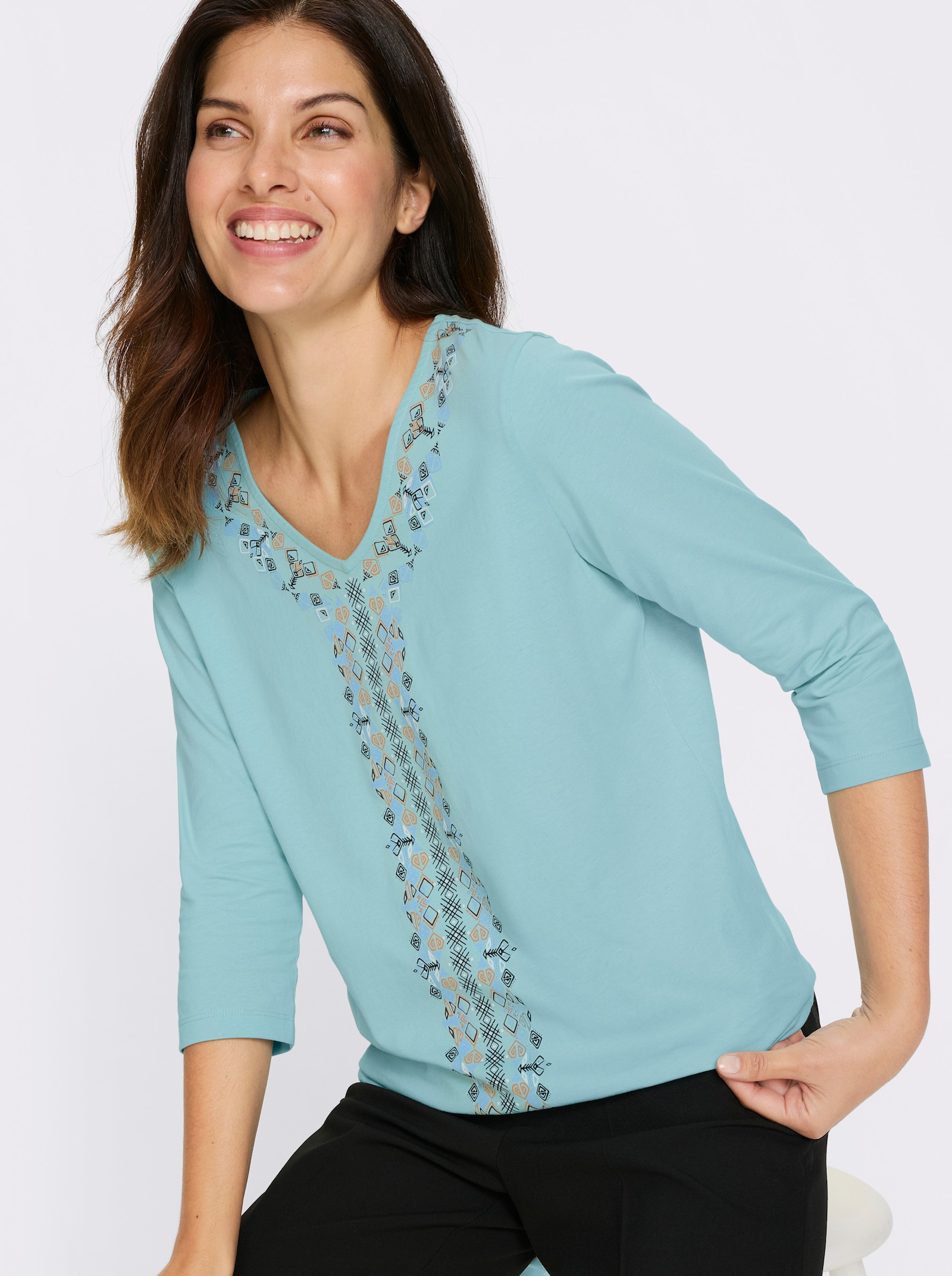 Shirt met 3/4-mouwen en etnoprint - aquamarijn/camel