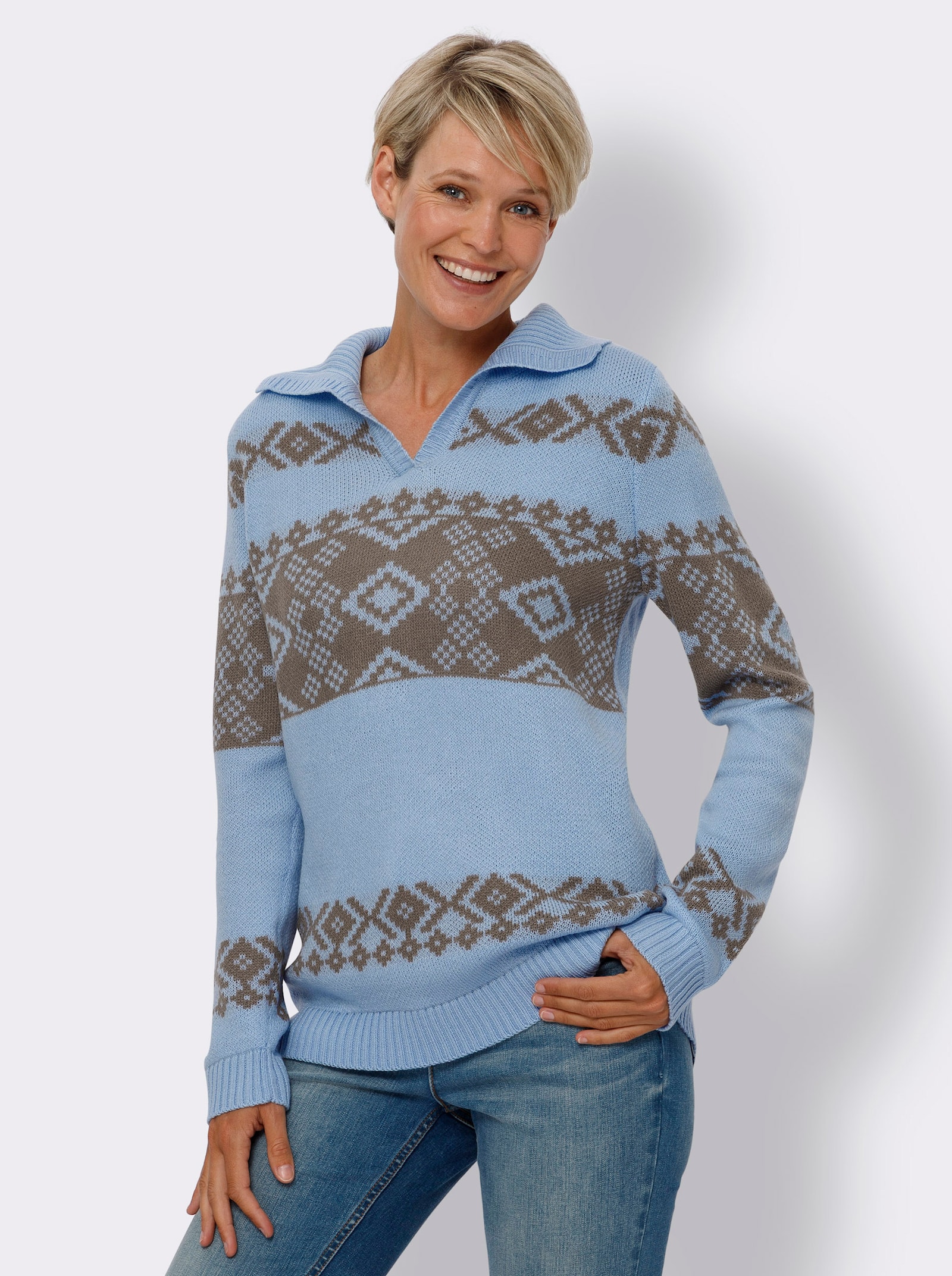 Norwegerpullover in Jacquard-Strick - eisblau-taupe-gemustert