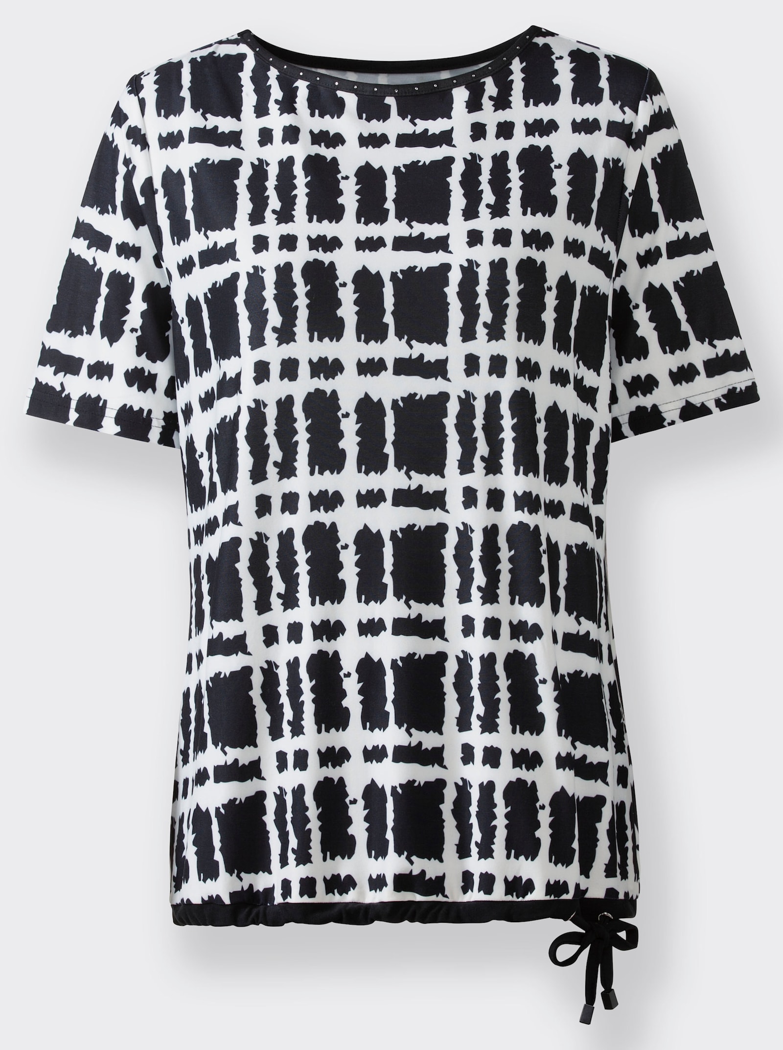 Kurzarmshirt mit Bindebändern - ecru-schwarz-bedruckt