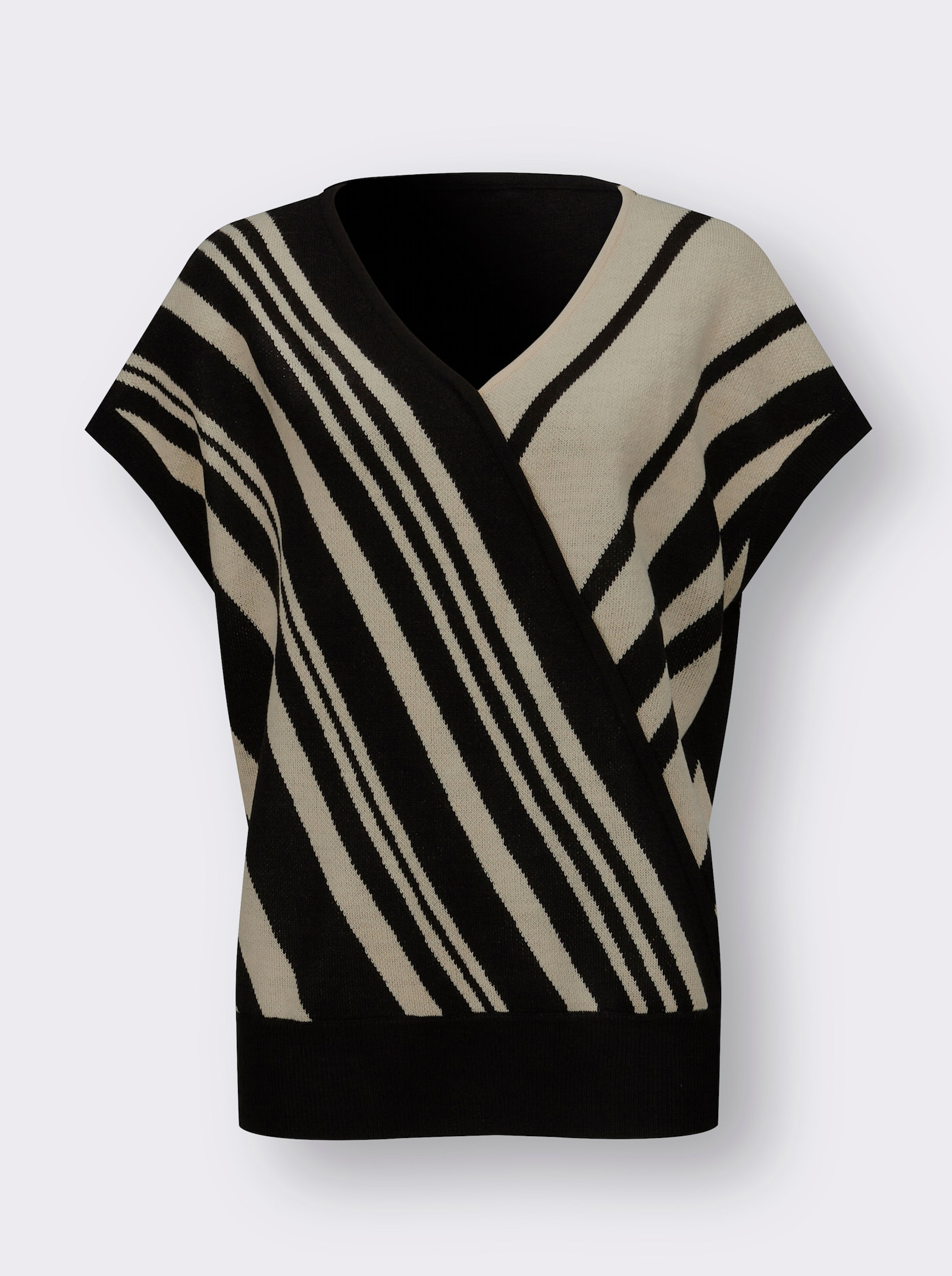 V-Ausschnitt-Pullover in Wickel-Optik, gestreift - schwarz-sand-gemustert