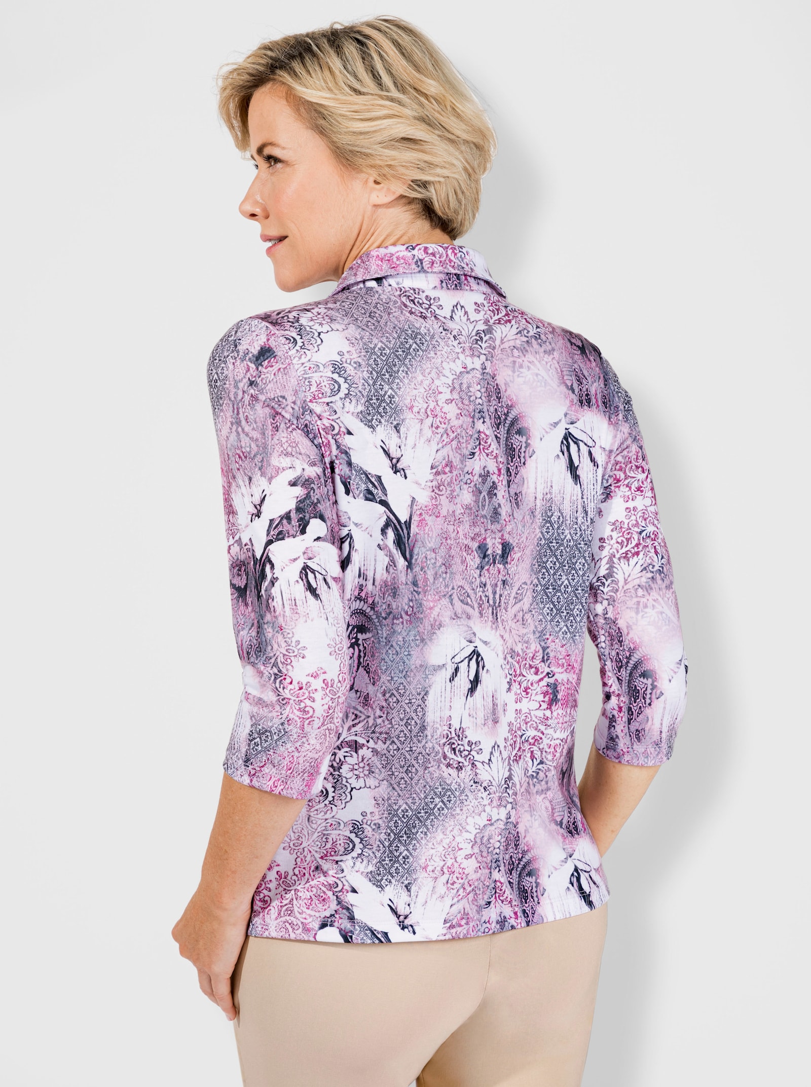 Poloshirt mit 3/4-Ärmeln - mauve-steingrau-bedruckt