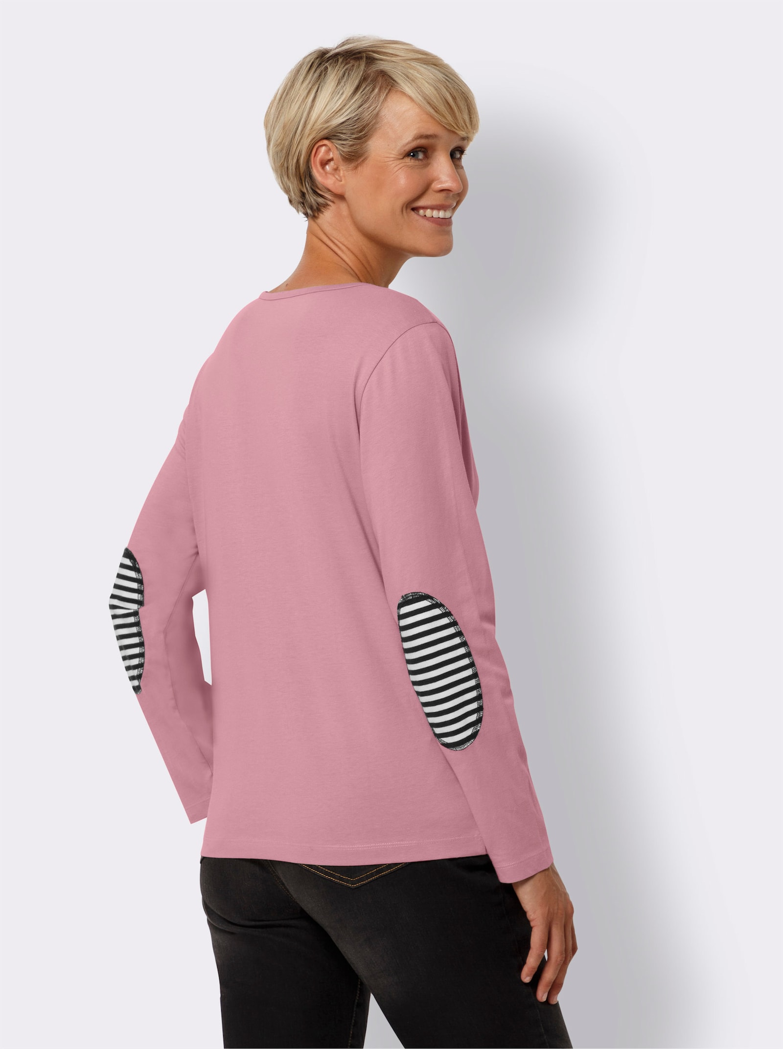  2-in-1-shirt met lange mouwen en gestreepte elleboogstukken - oudroze