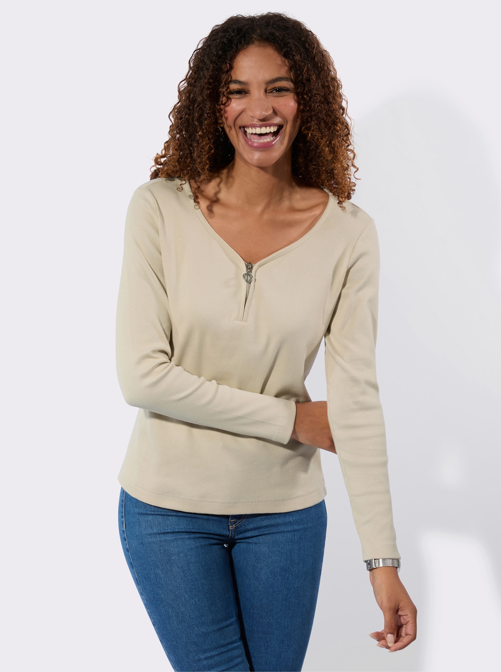 Rippshirt mit Reißverschluss am V-Ausschnitt - sand