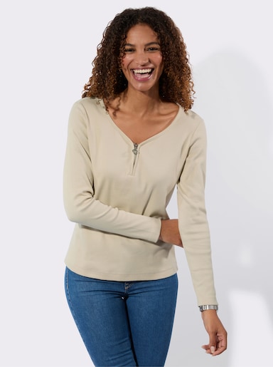 Rippshirt mit Reißverschluss am V-Ausschnitt - sand