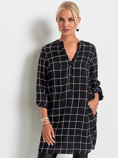 Langarm-Bluse in Longform - schwarz-weiß-kariert