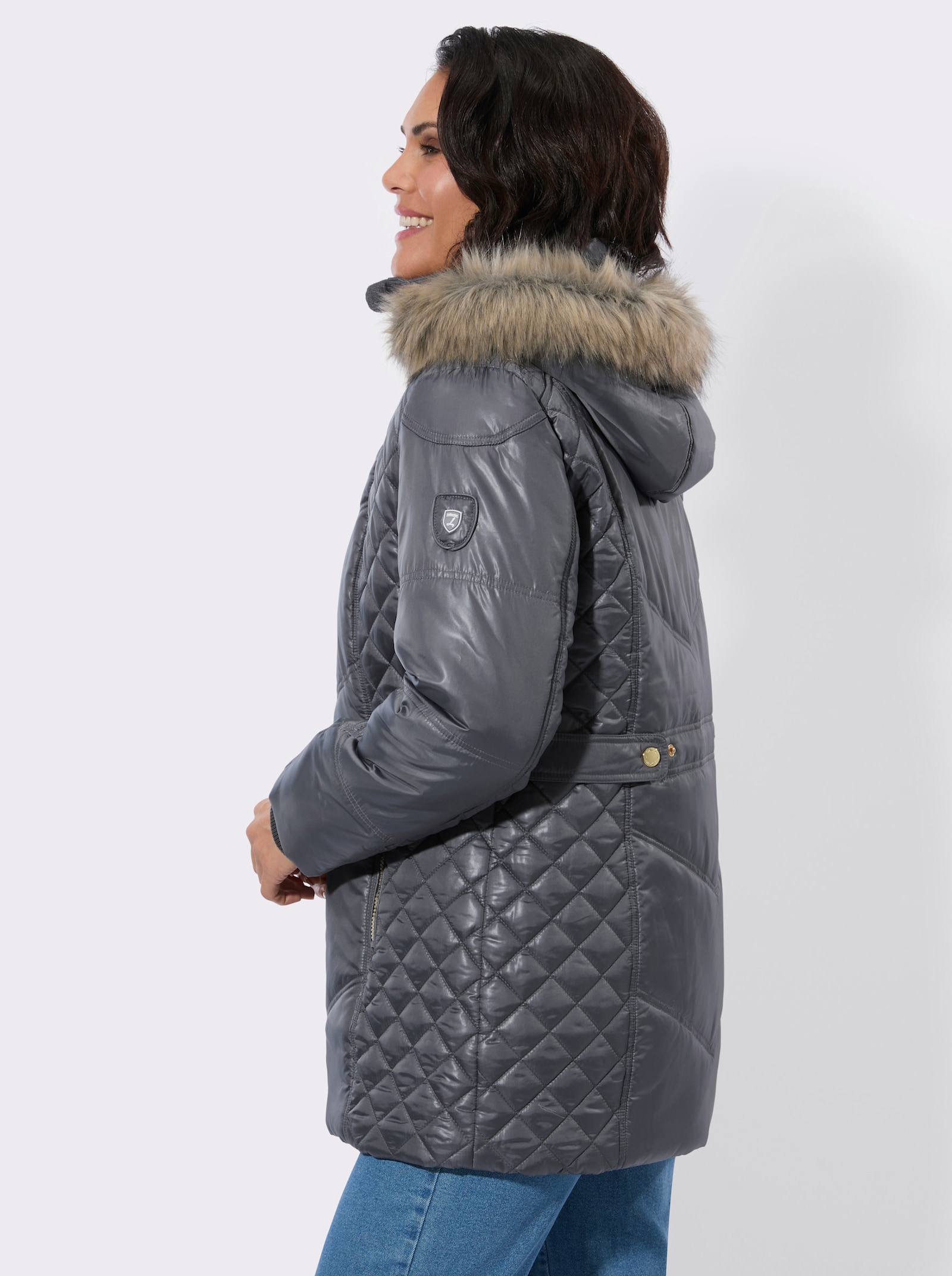 Steppjacke mit Kapuze mit Pelz-Imitat - anthrazit