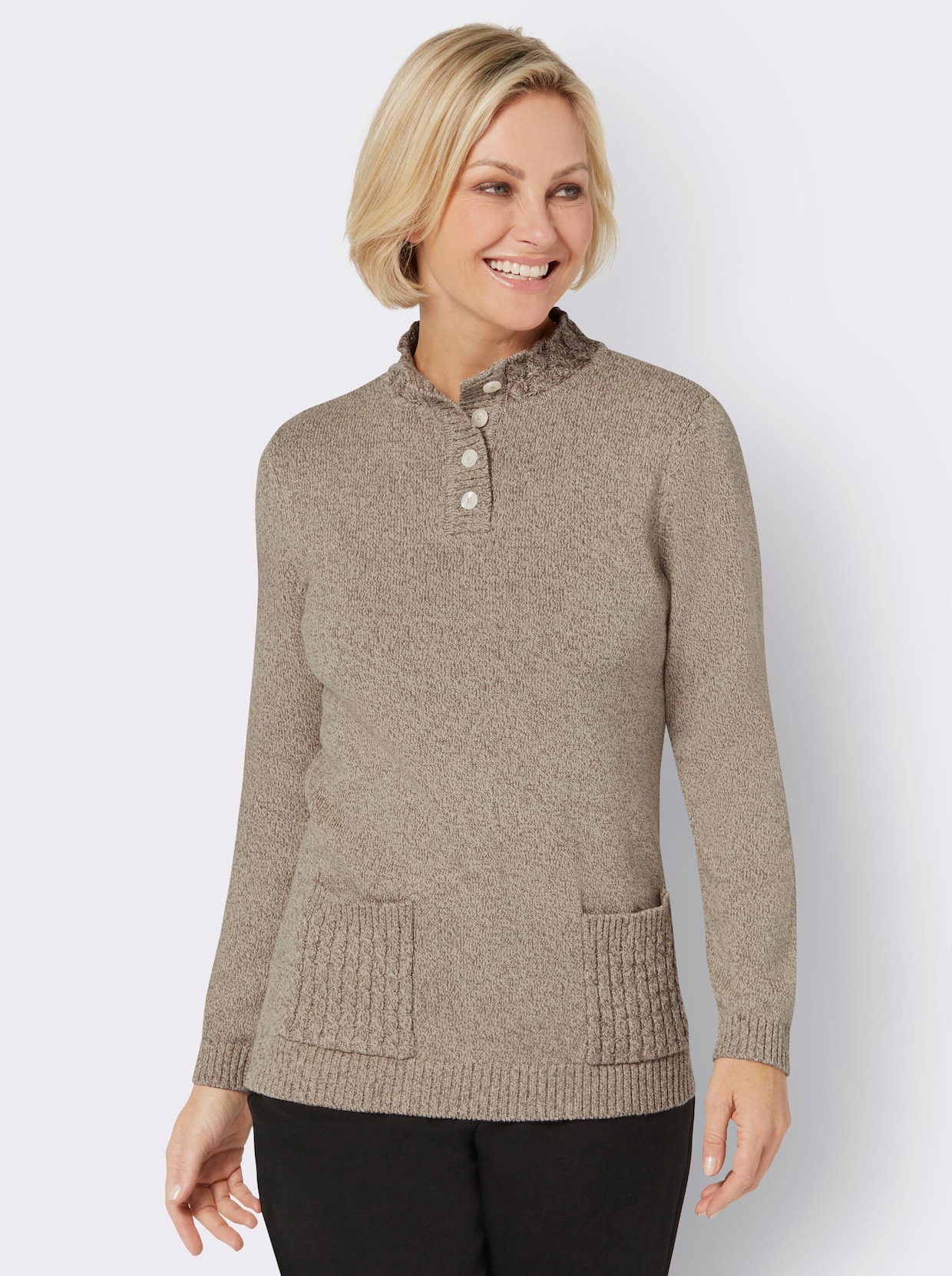 Pullover met opstaande kraag - zand/donkertaupe gemêleerd