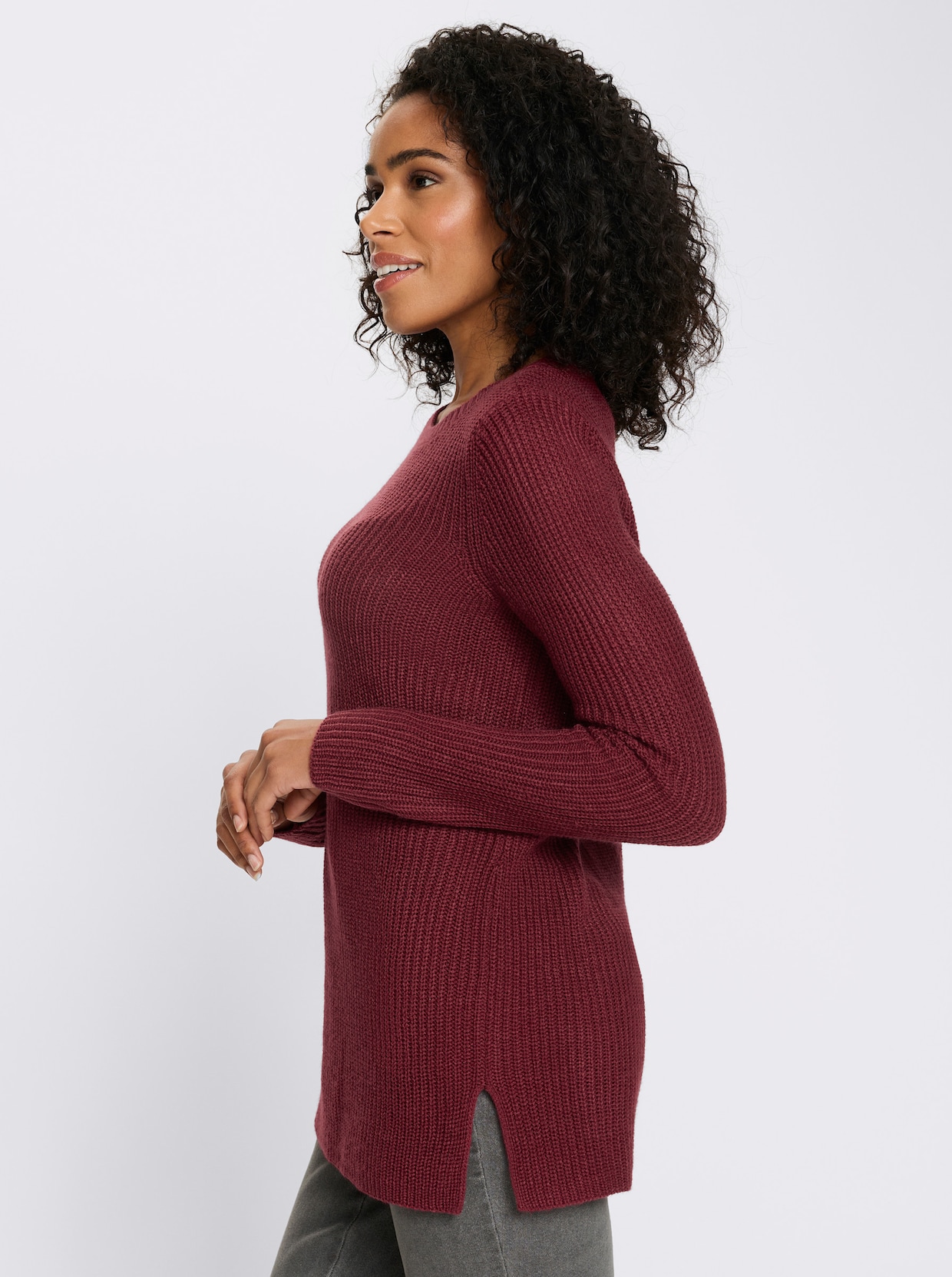 Longpullover in Ripp-Optik - dunkelrot