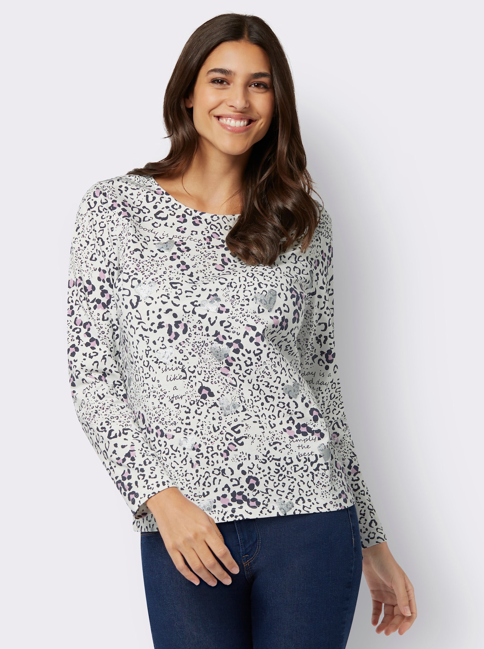 Langarmshirt im Animalmuster - ecru-marine-bedruckt