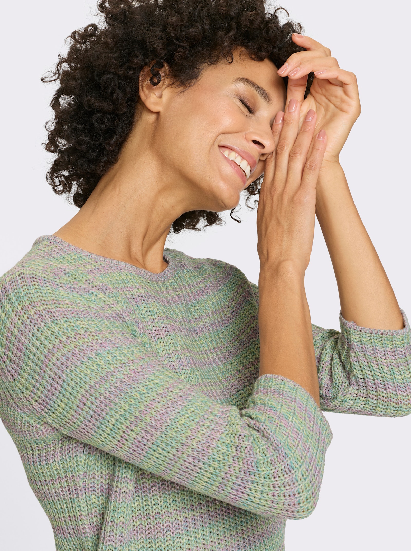 Svetr s 3/4 rukávem s vzhledem hrubého úpletu - mořská-ecru-melír