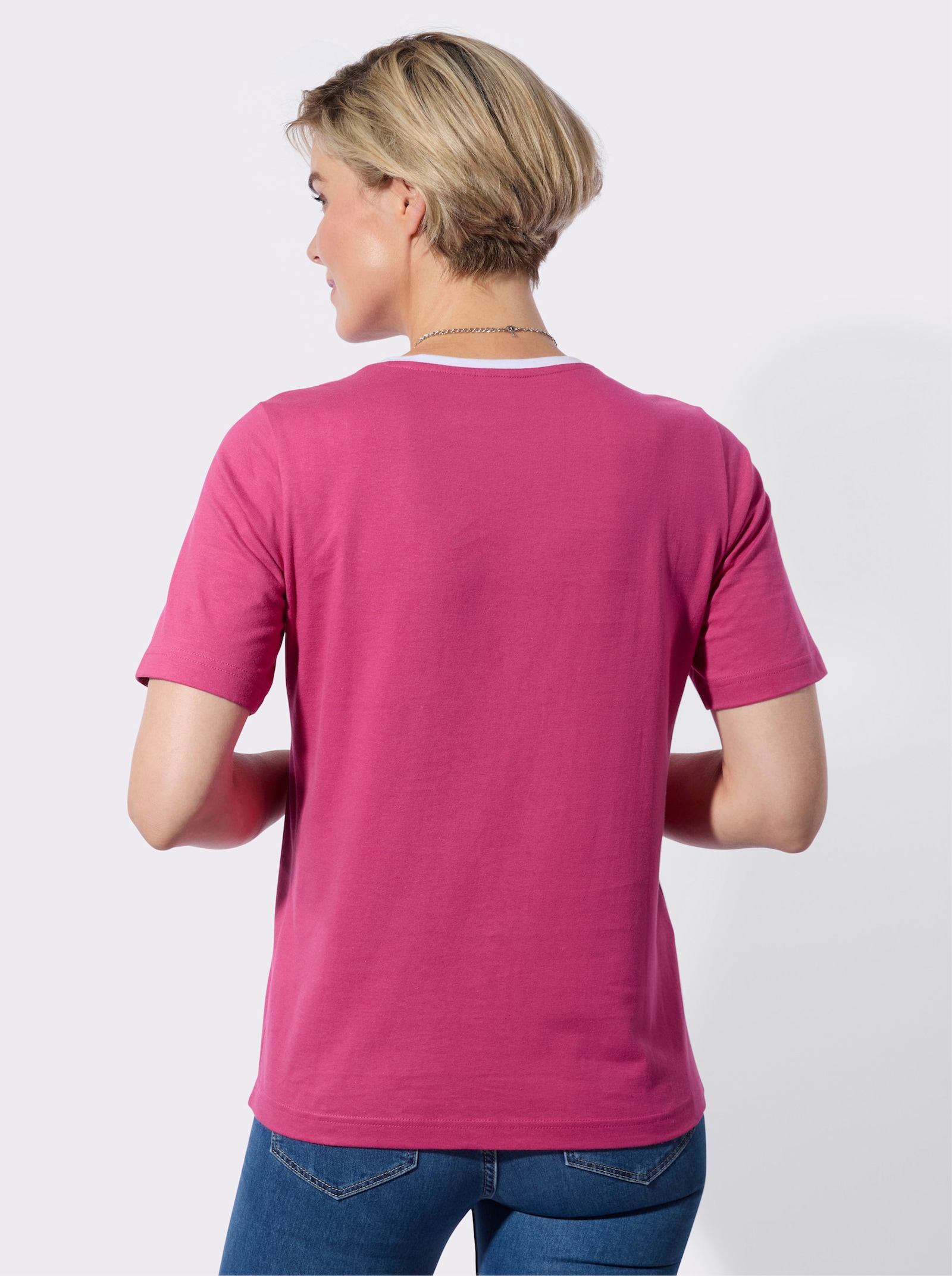 Kurzarmshirt mit platziertem Blütenprint - fuchsia