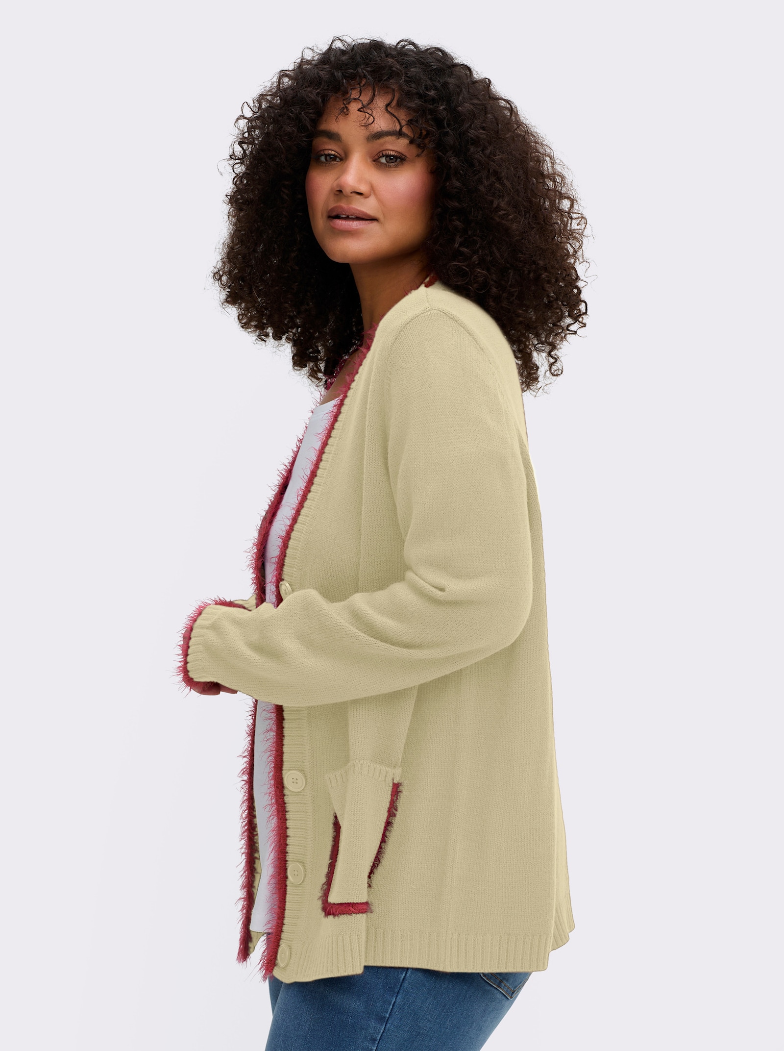 sheego Strickjacke mit Flauschgarn-Kanten - sand-kirsche