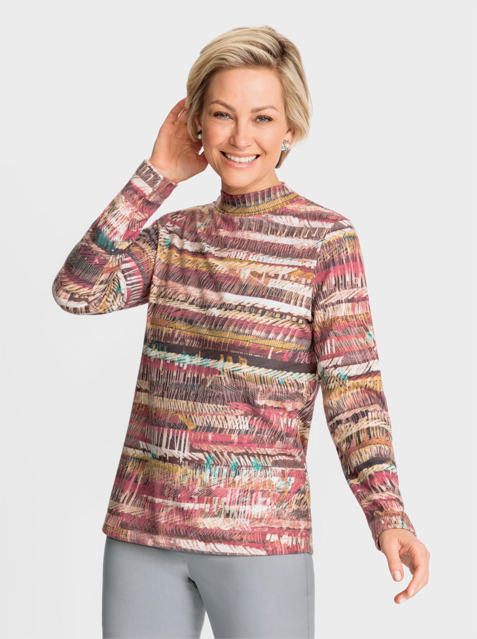 Stehkragenshirt in angerauter Qualität - sand-dunkelrot-bedruckt