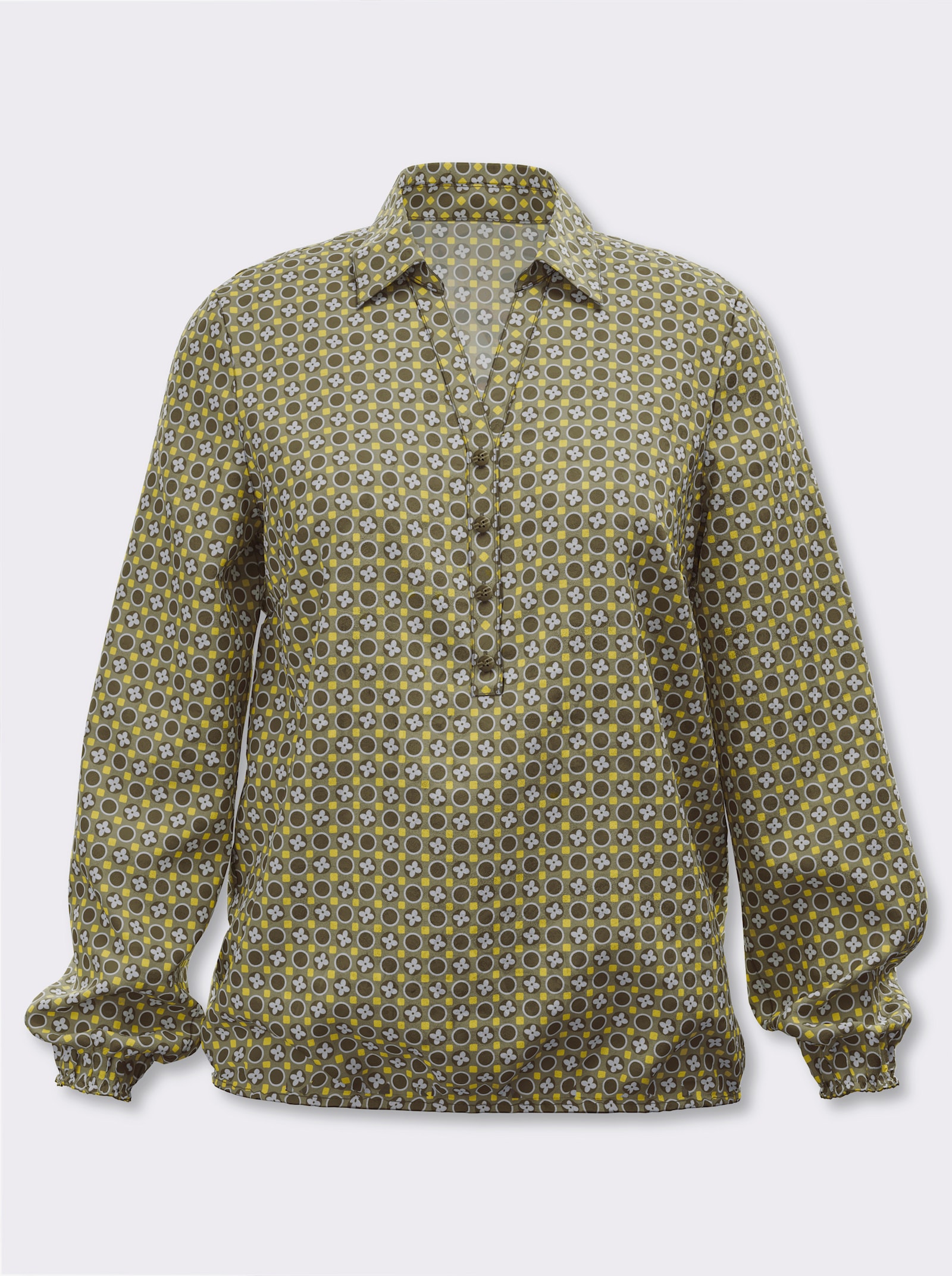 Schlupfbluse mit Gummibündchen - oliv-schilf-bedruckt