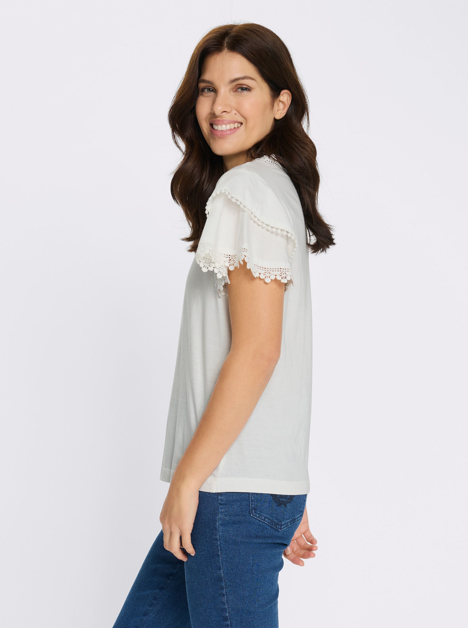 Shirt met V-hals en kanten details - ecru