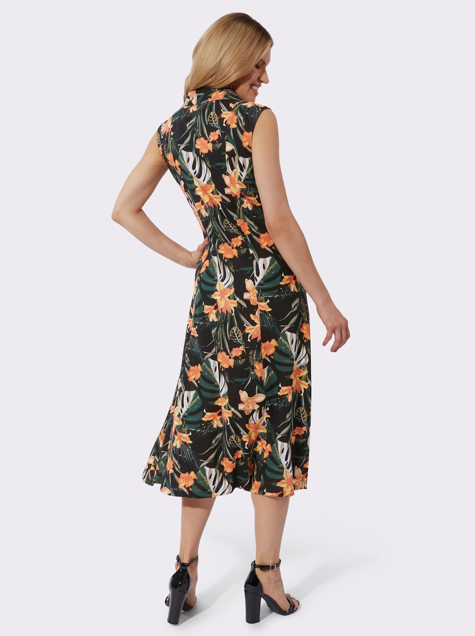 Sommerkleid mit durchgehender Knopfleiste - schwarz-gelb-bedruckt