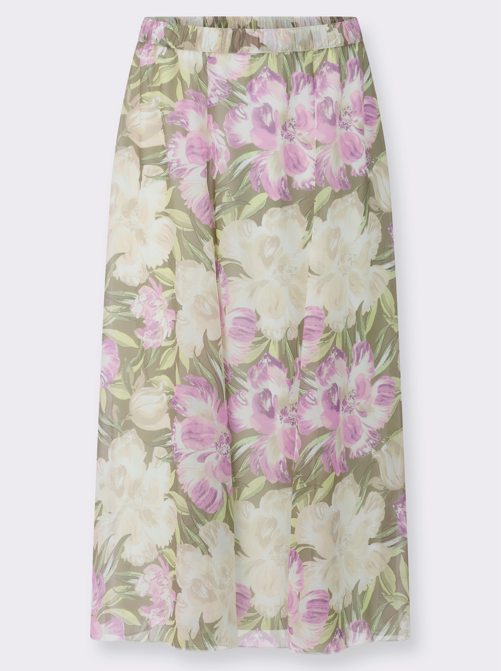 Vådskuren kjol i georgette - pistasch-orkidé-med tryck