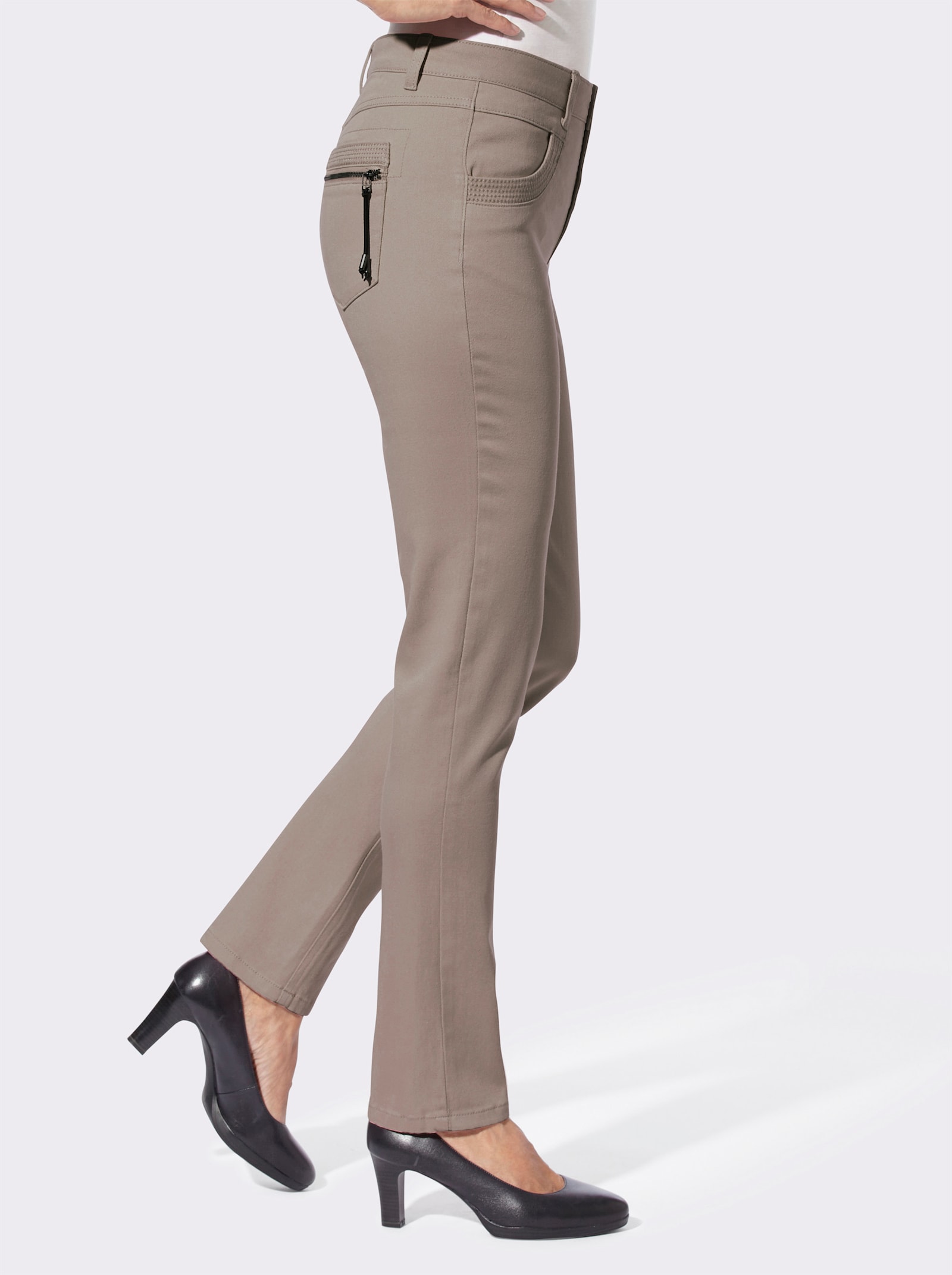 Skinny jeans met rits op achterzakken - taupe