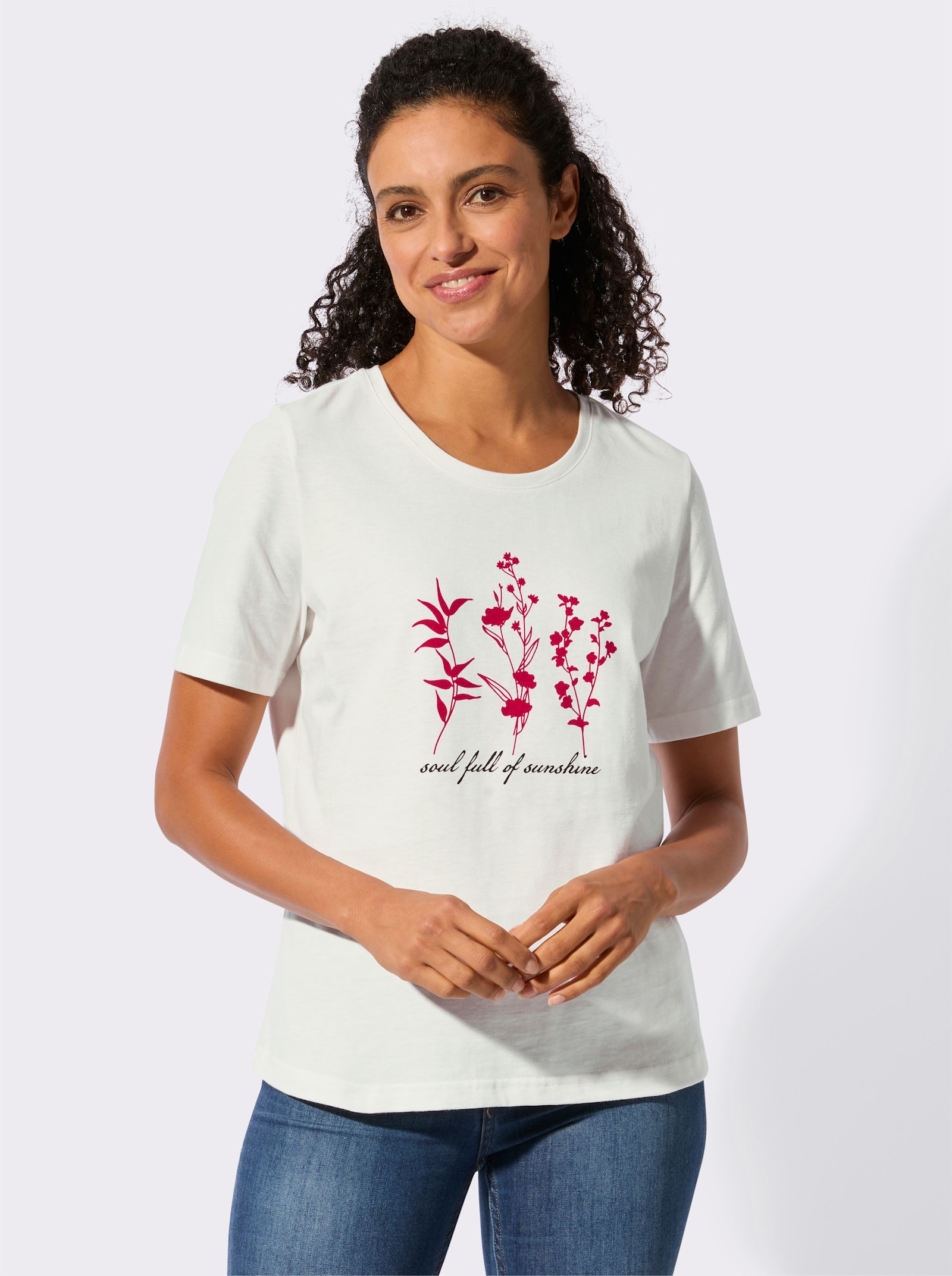 Kurzarmshirt mit floralem Motiv - ecru-erdbeere-bedruckt