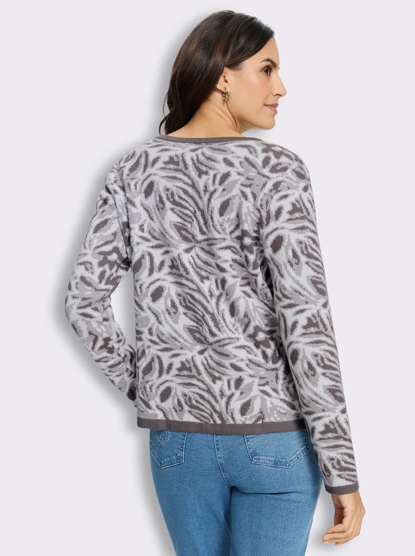  Jacquardstrickjacke mit floralem Allovermuster - anthrazit-ecru-gemustert
