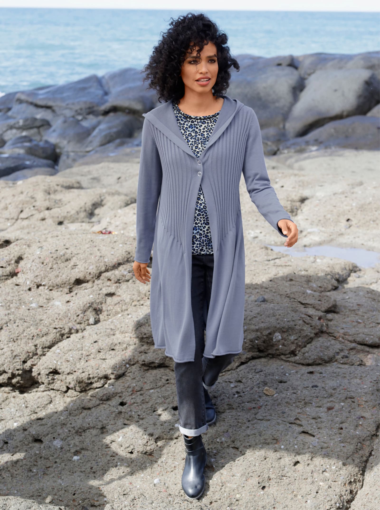 heine Strickmantel mit Kapuze - taubenblau