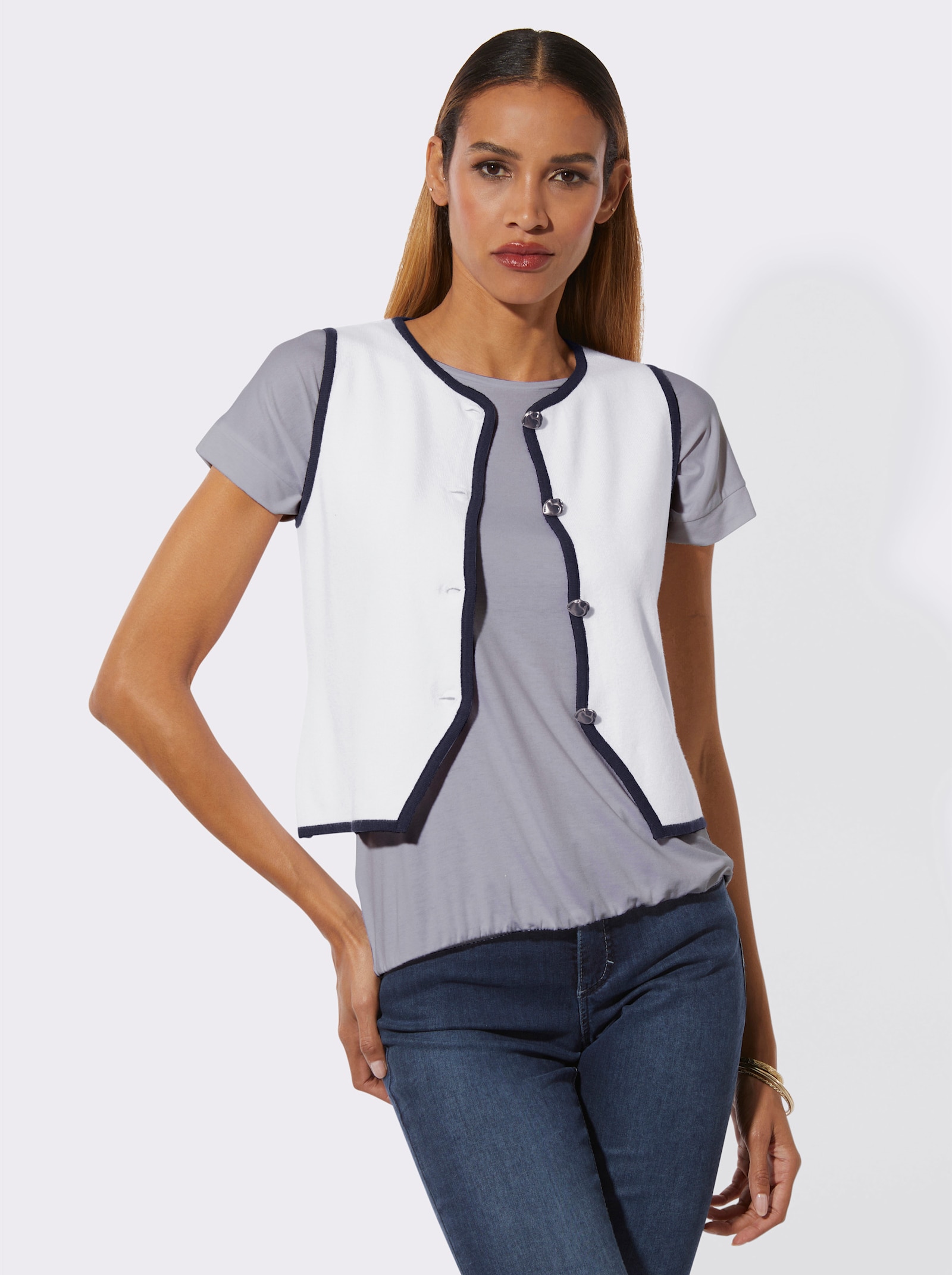 Strickweste mit Kontrast-Streifen - ecru