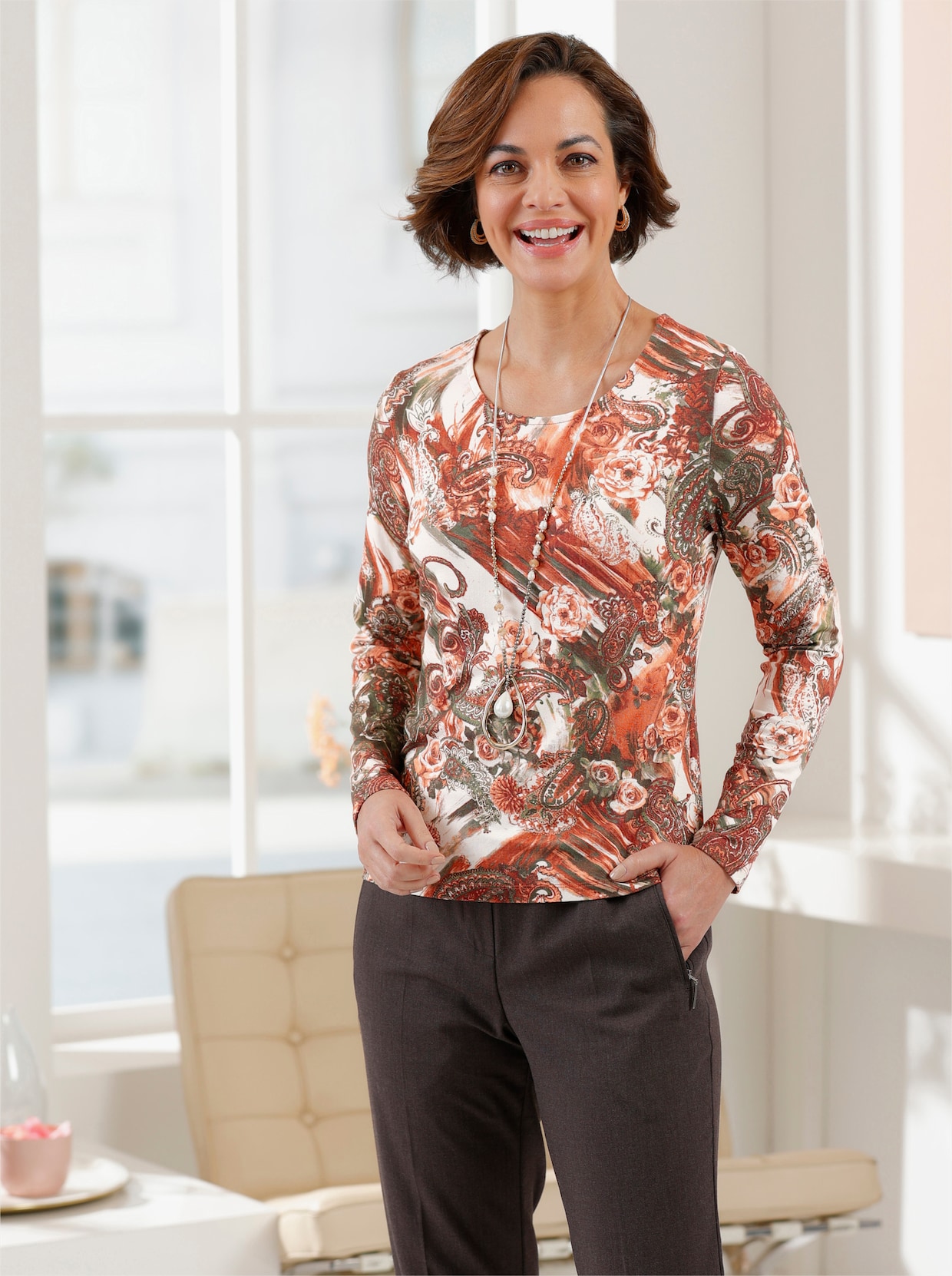 Shirt met ronde hals - papaja/ecru bedrukt