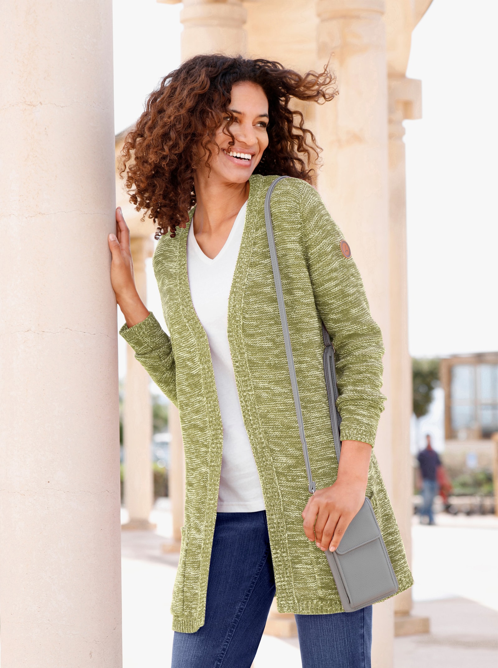 Strickjacke in Longform, meliert - schilf-meliert