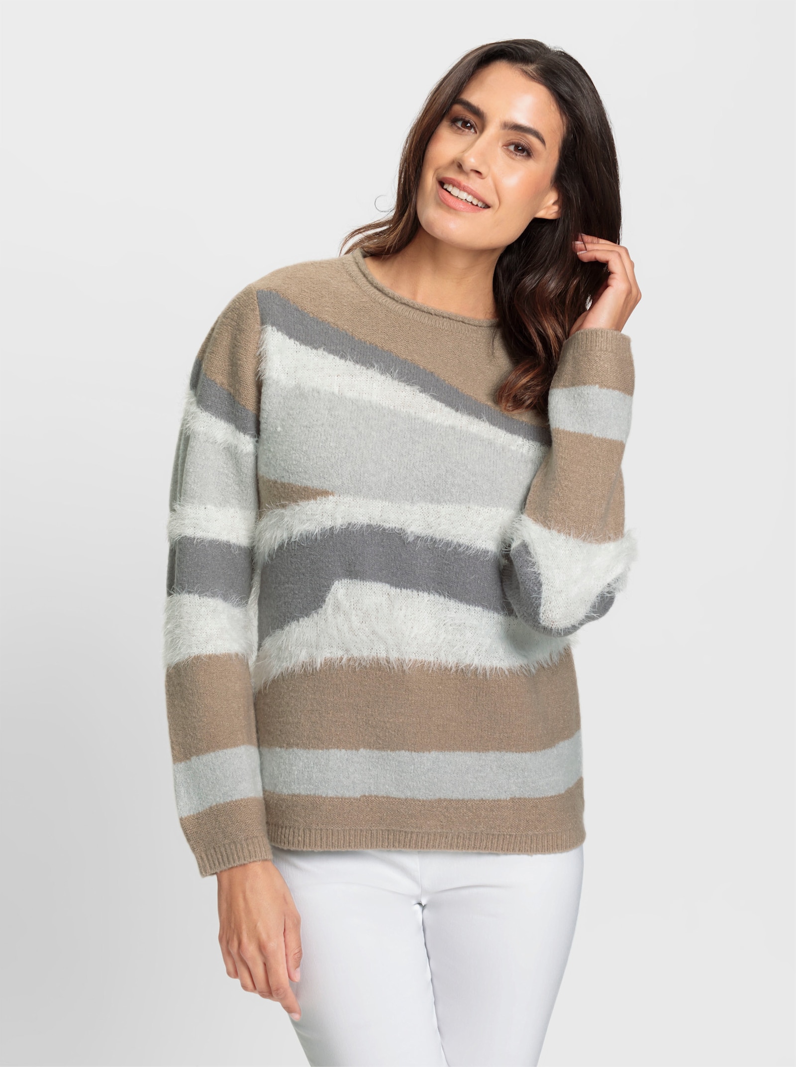 Langarm-Pullover mit Effektgarn - sesam-steingrau-gemustert