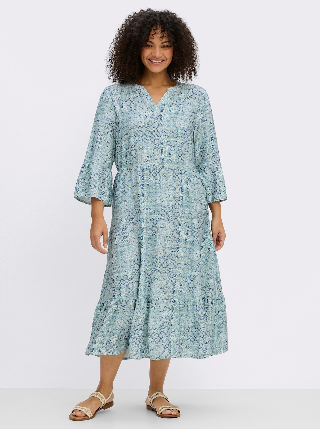 sheego A-Linien-Kleid mit Stufenvolants - ecru-topas-bedruckt