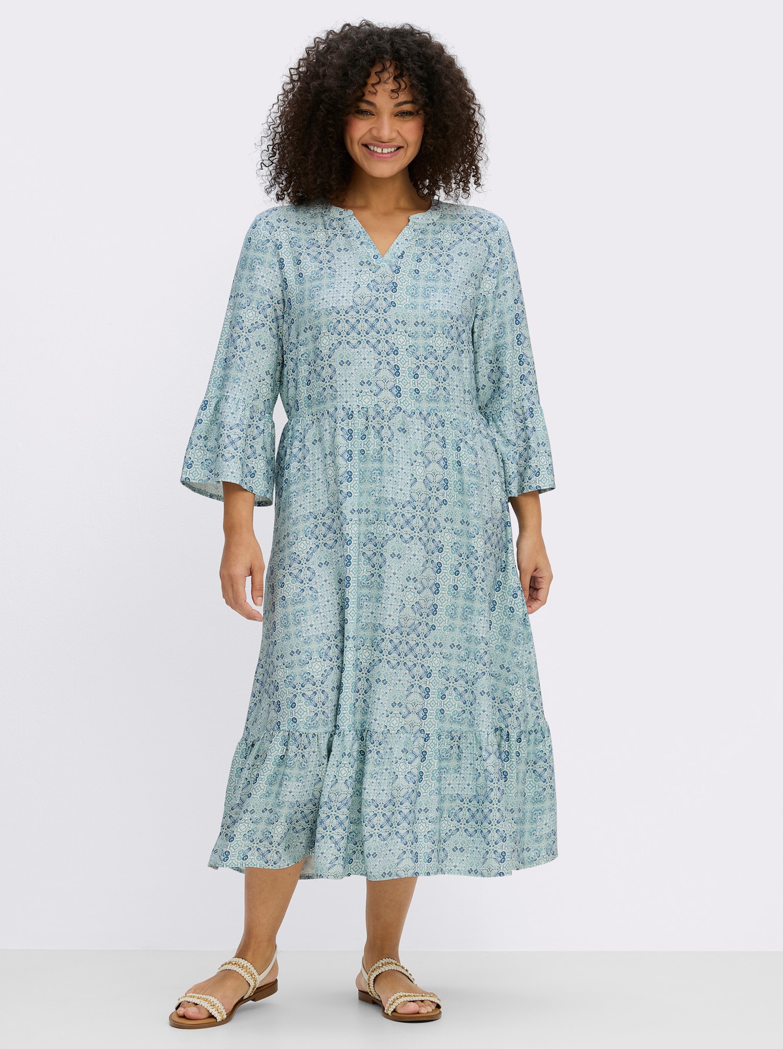 sheego A-Linien-Kleid mit Stufenvolants - ecru-topas-bedruckt