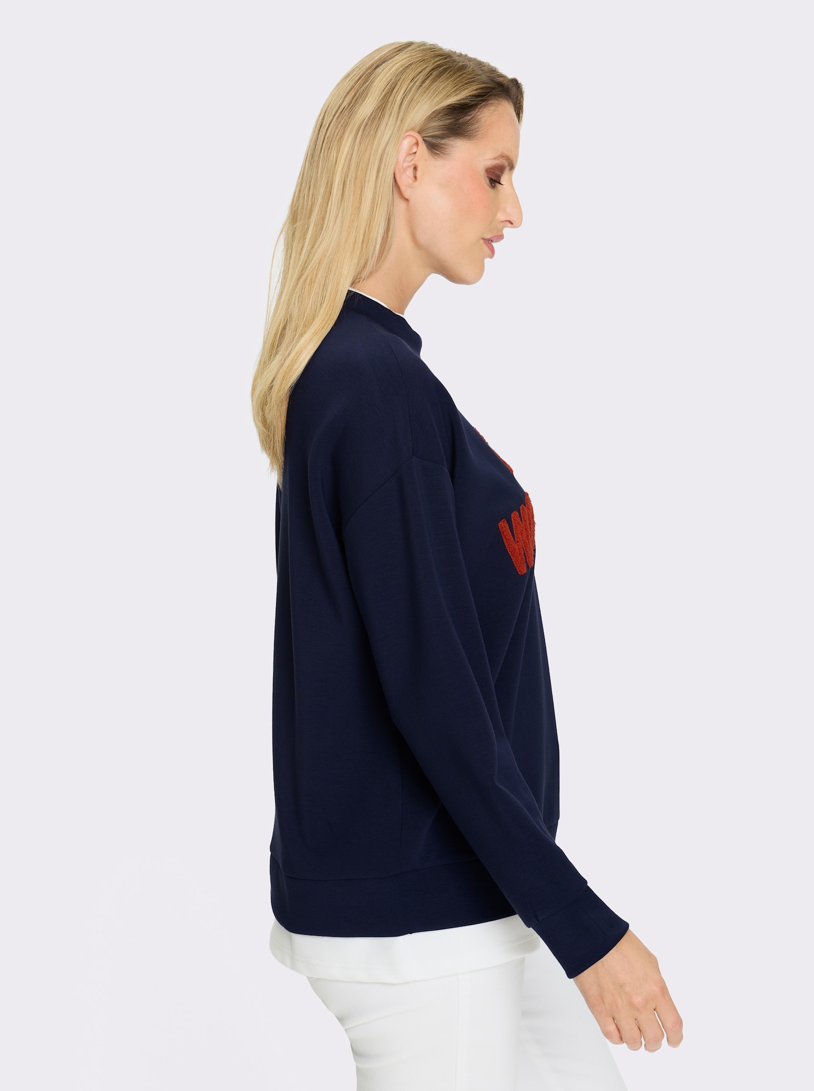 heine Sweater mit Fellimitat-Schriftzug - marine-weiss