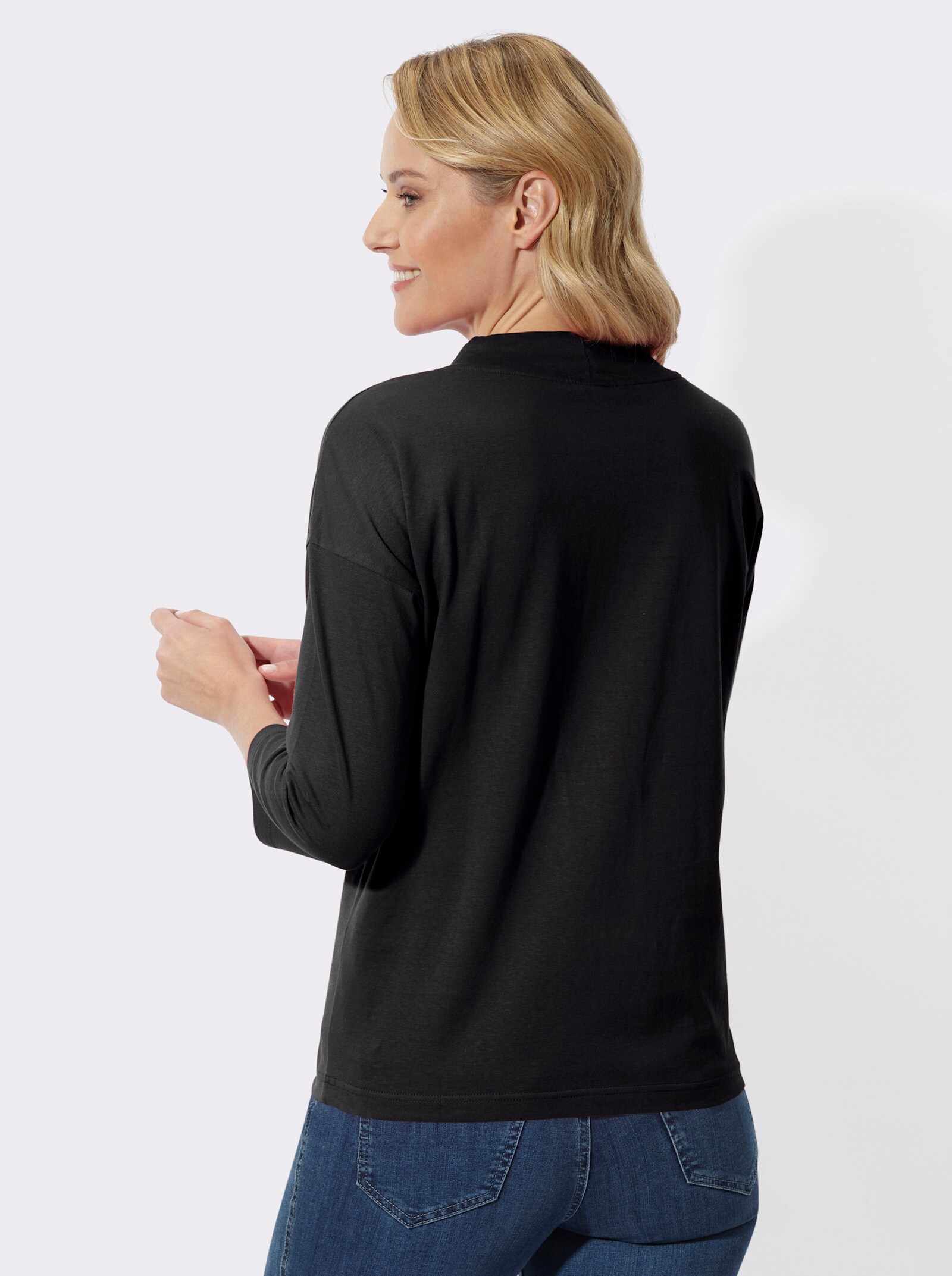 3/4-Arm-Shirt mit weitem Stehkragen - schwarz