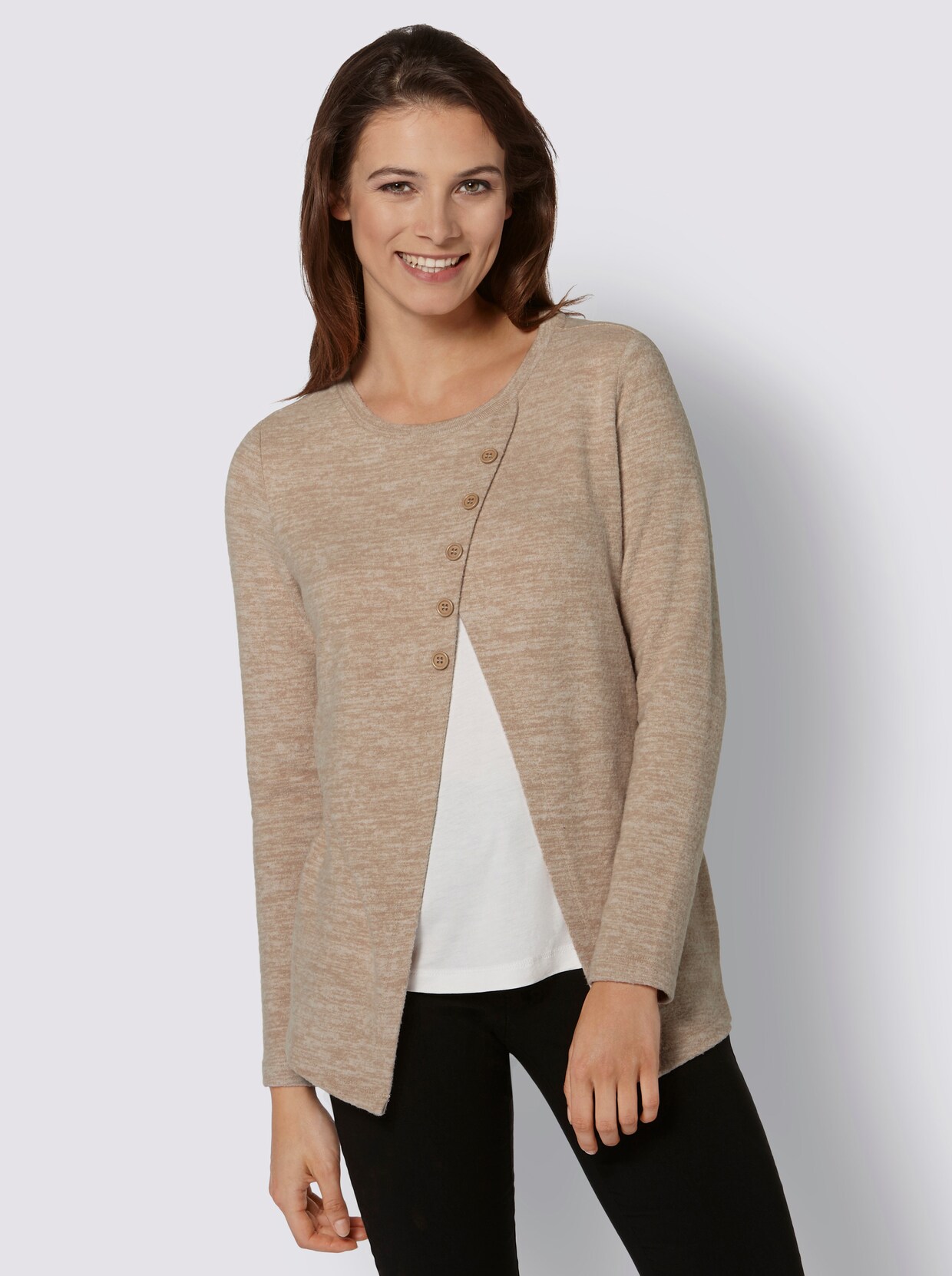 Shirt met ronde hals - beige gemêleerd